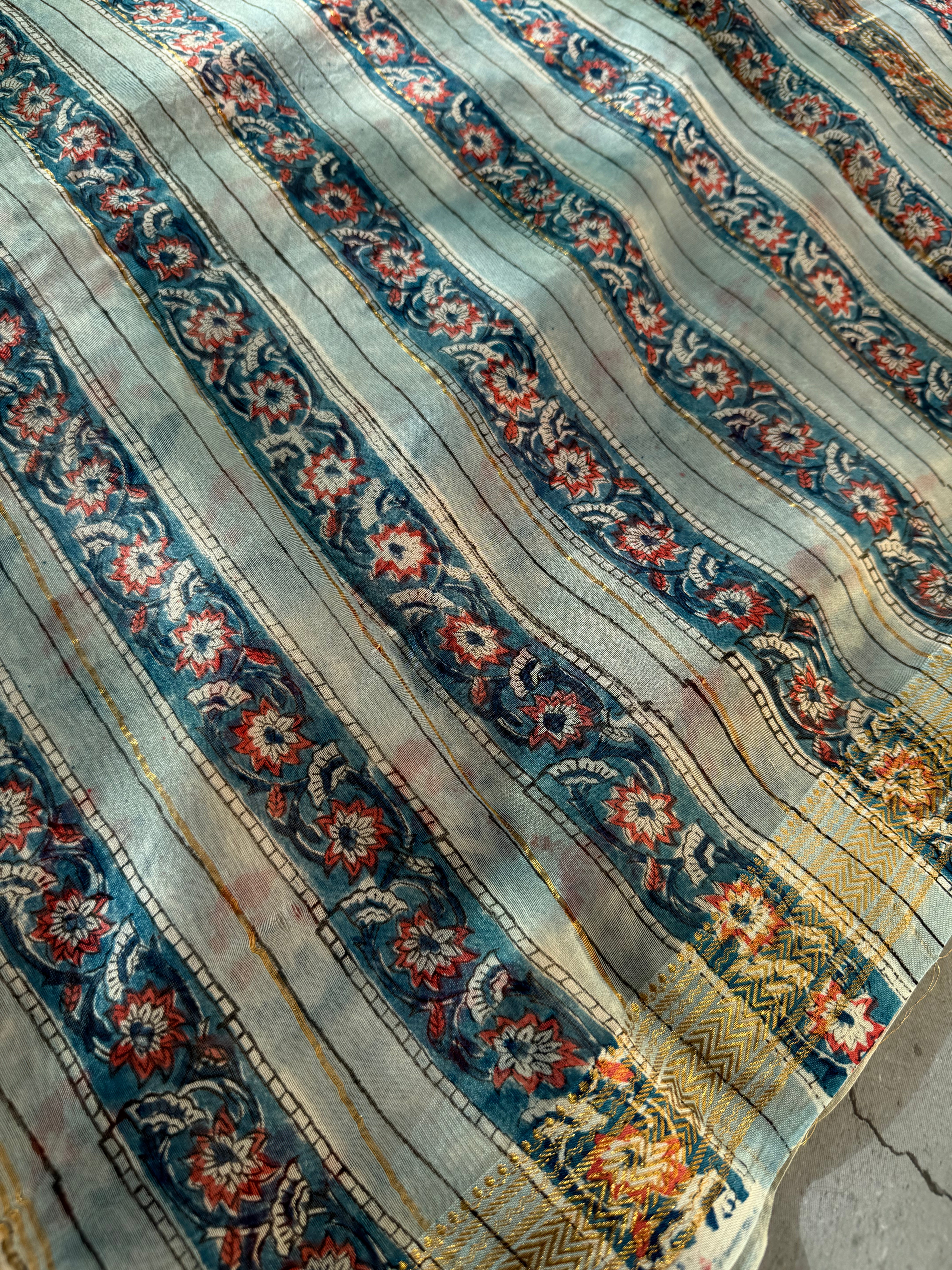 Nadika| White Floral Block Printed Maheshwari Saree
