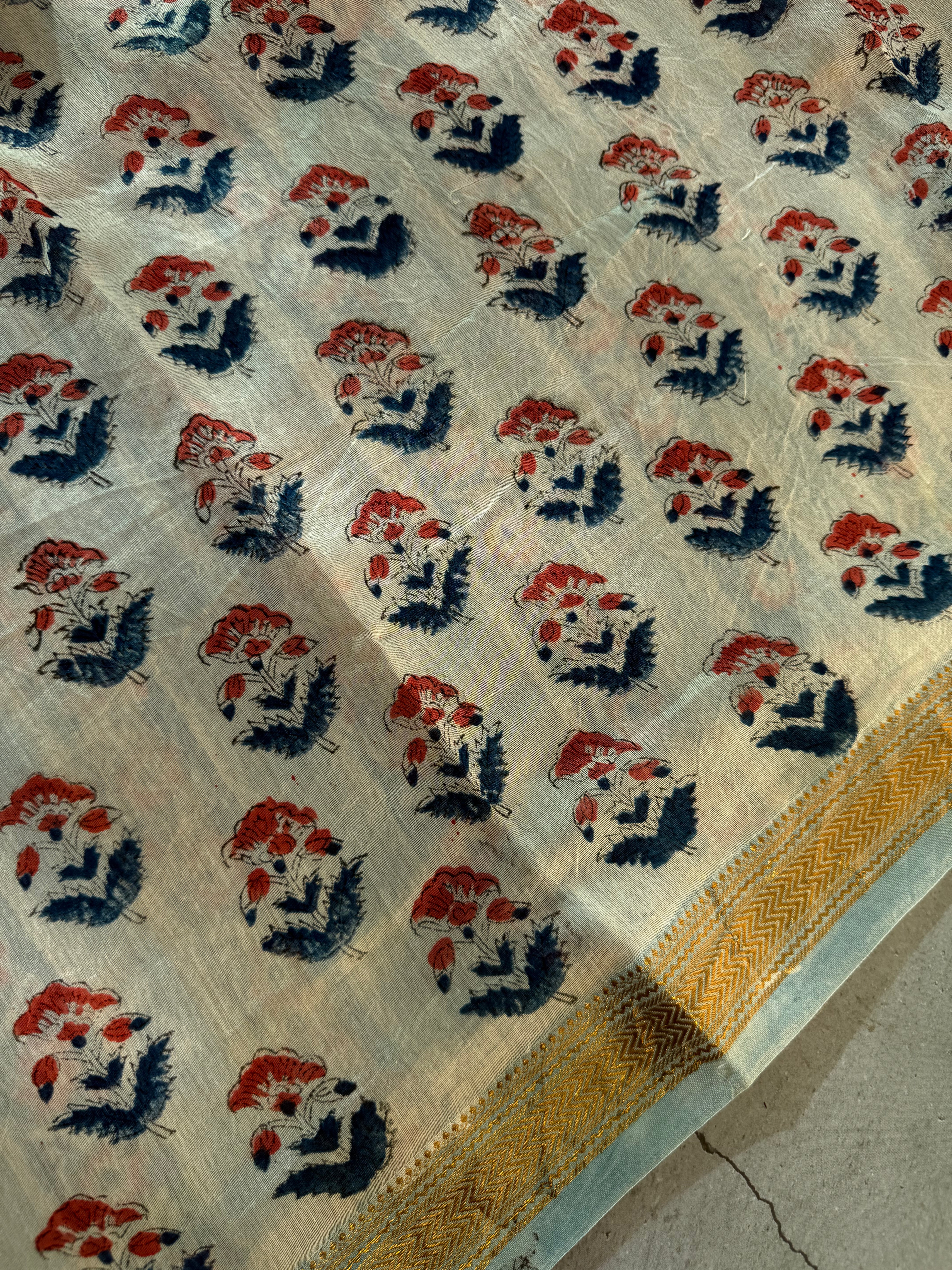 Nadika| White Floral Block Printed Maheshwari Saree