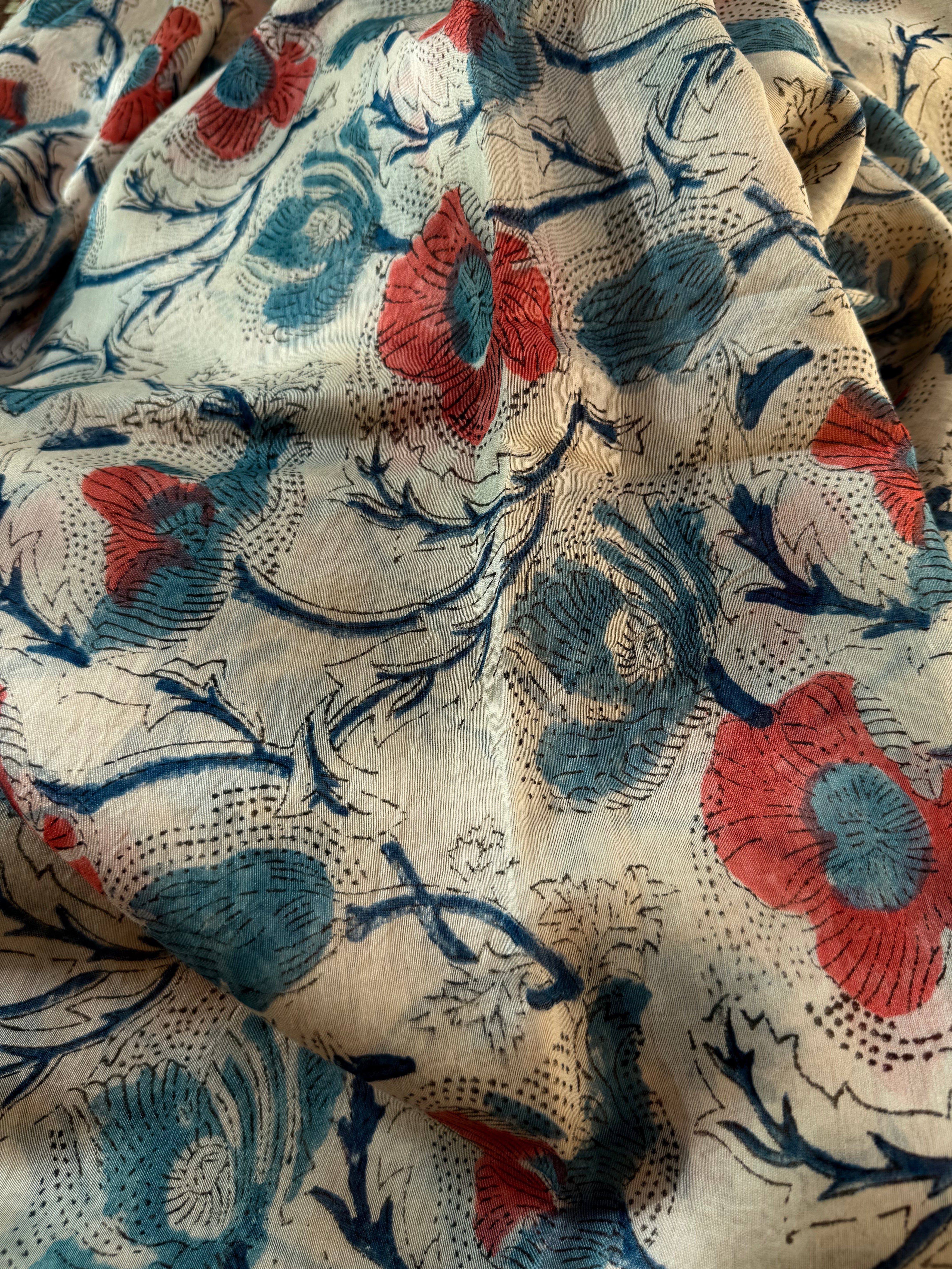 Nadika| White Floral Block Printed Maheshwari Saree