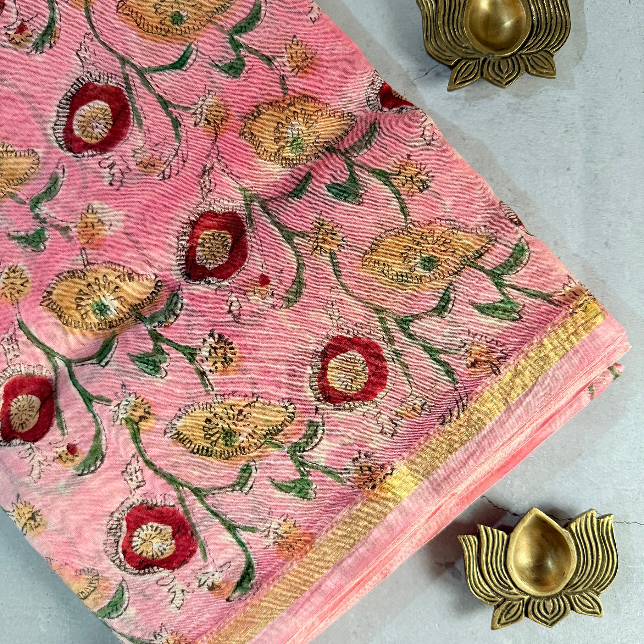 Mrinmayee | Pink Hand Block Printed Chanderi Saree
