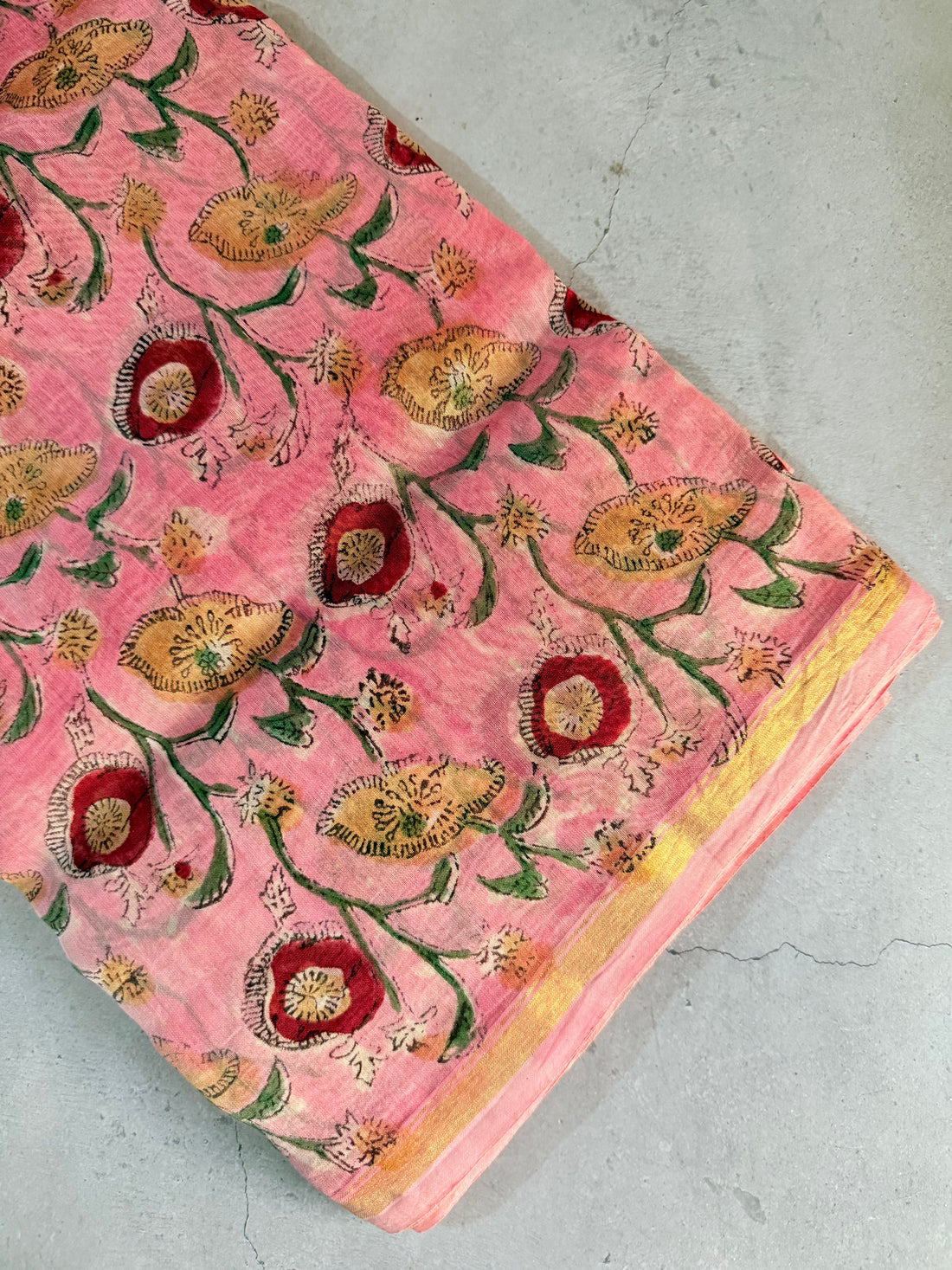 Mrinmayee | Pink Hand Block Printed Chanderi Saree