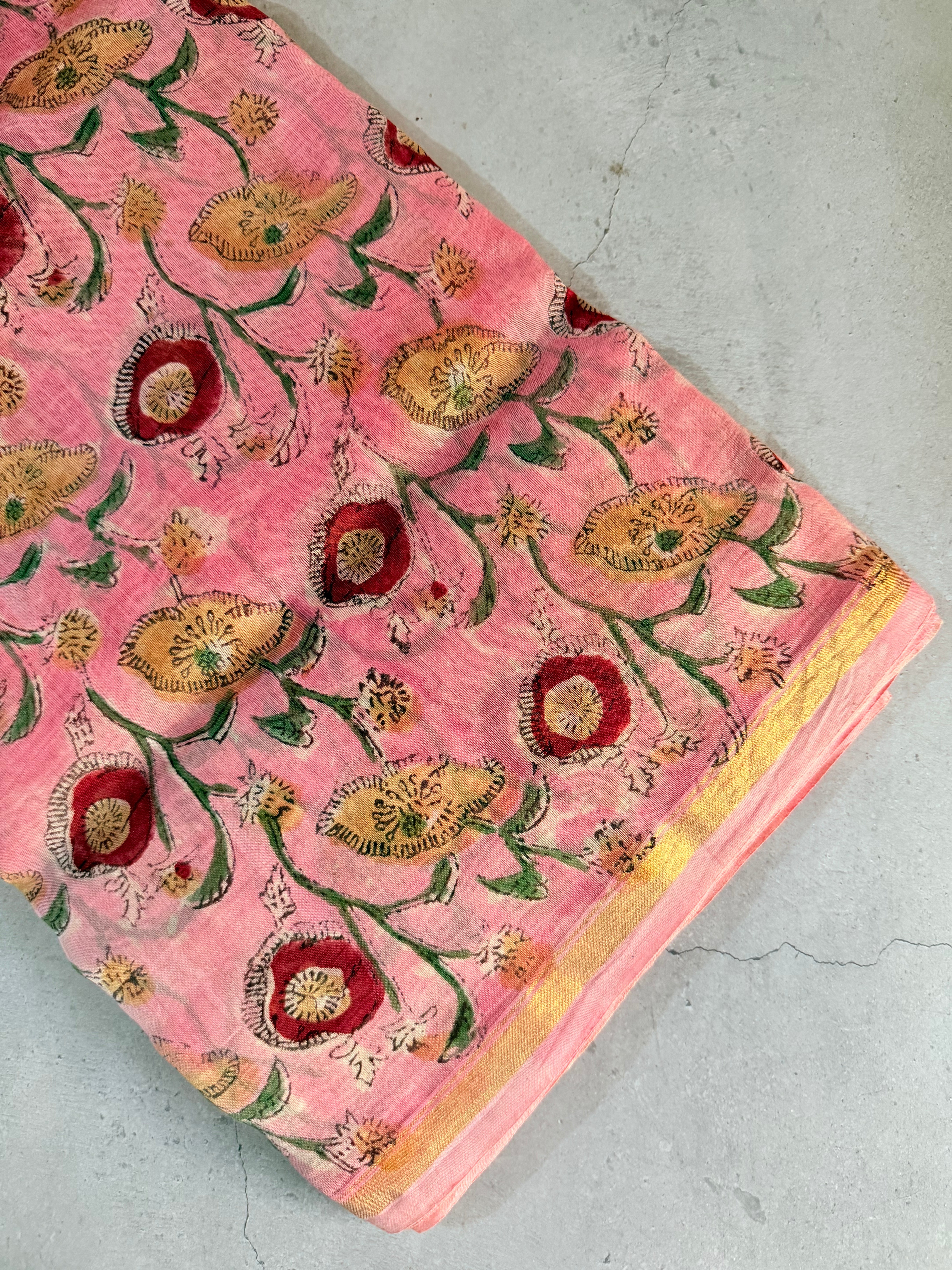 Mrinmayee | Pink Hand Block Printed Chanderi Saree