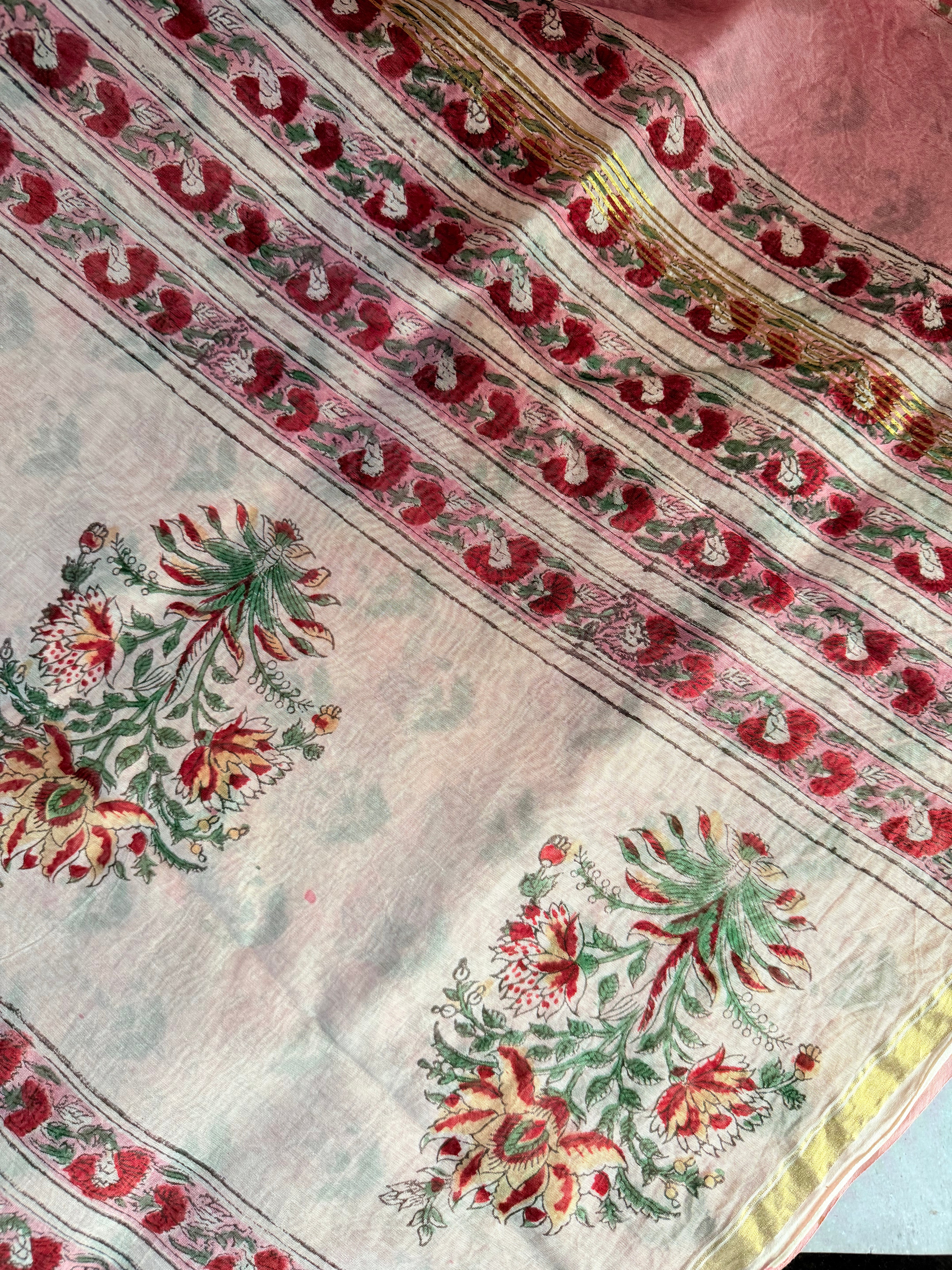 Mrinmayee | Pink Hand Block Printed Chanderi Saree