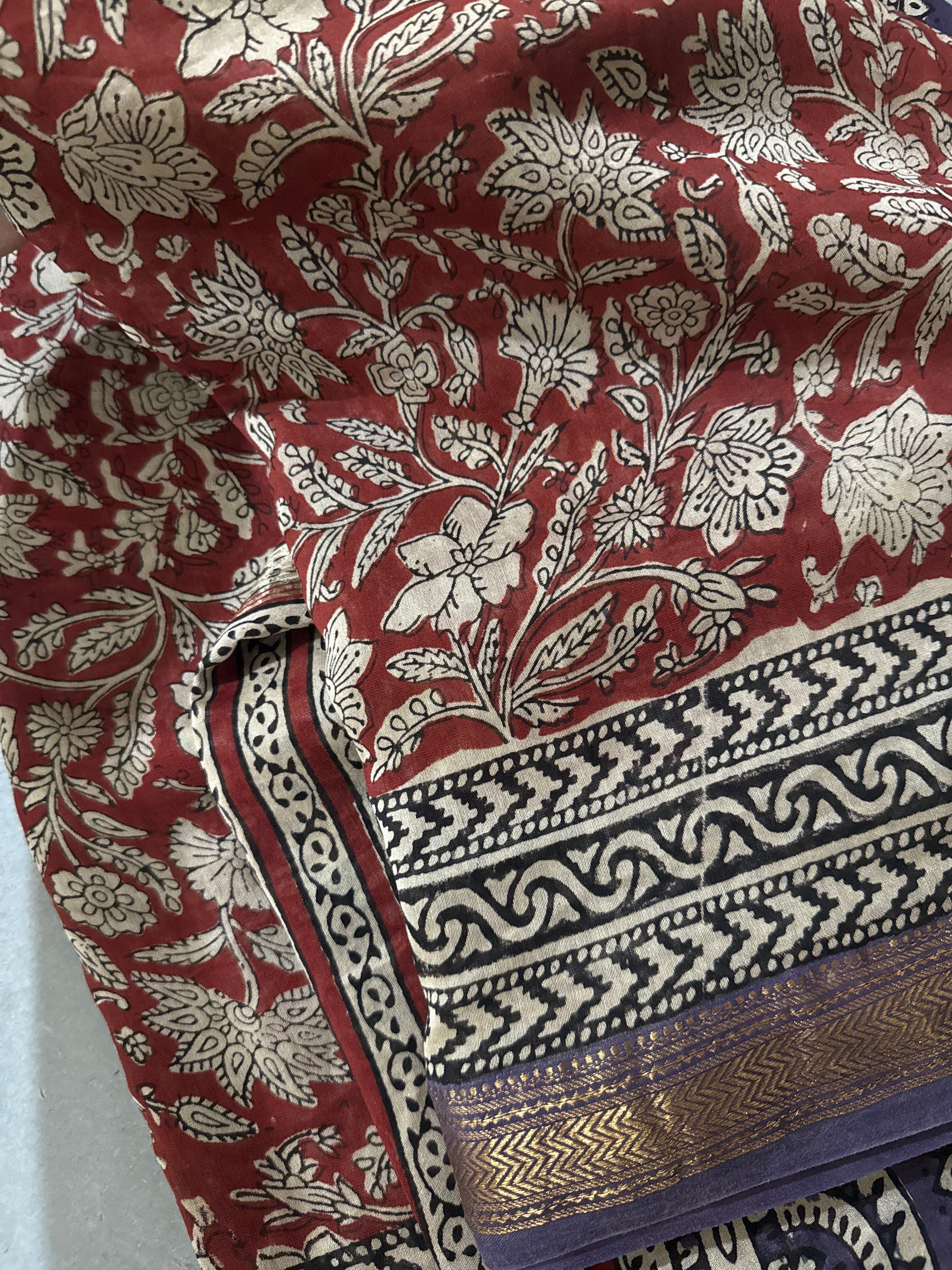 Lakshita | Maroon Block Printed Maheshwari Saree