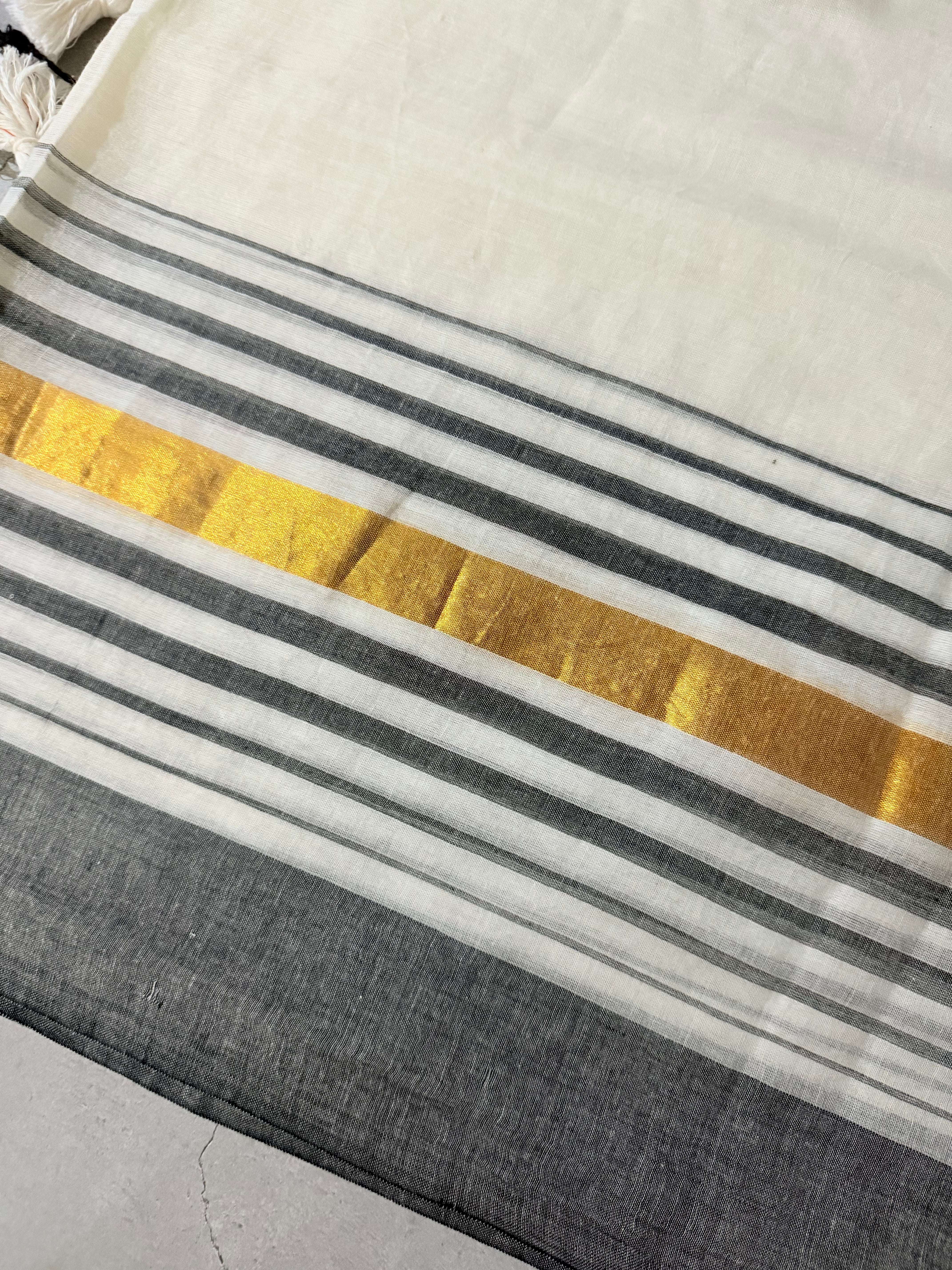 Radhe | White and Gold Mul Cotton Saree