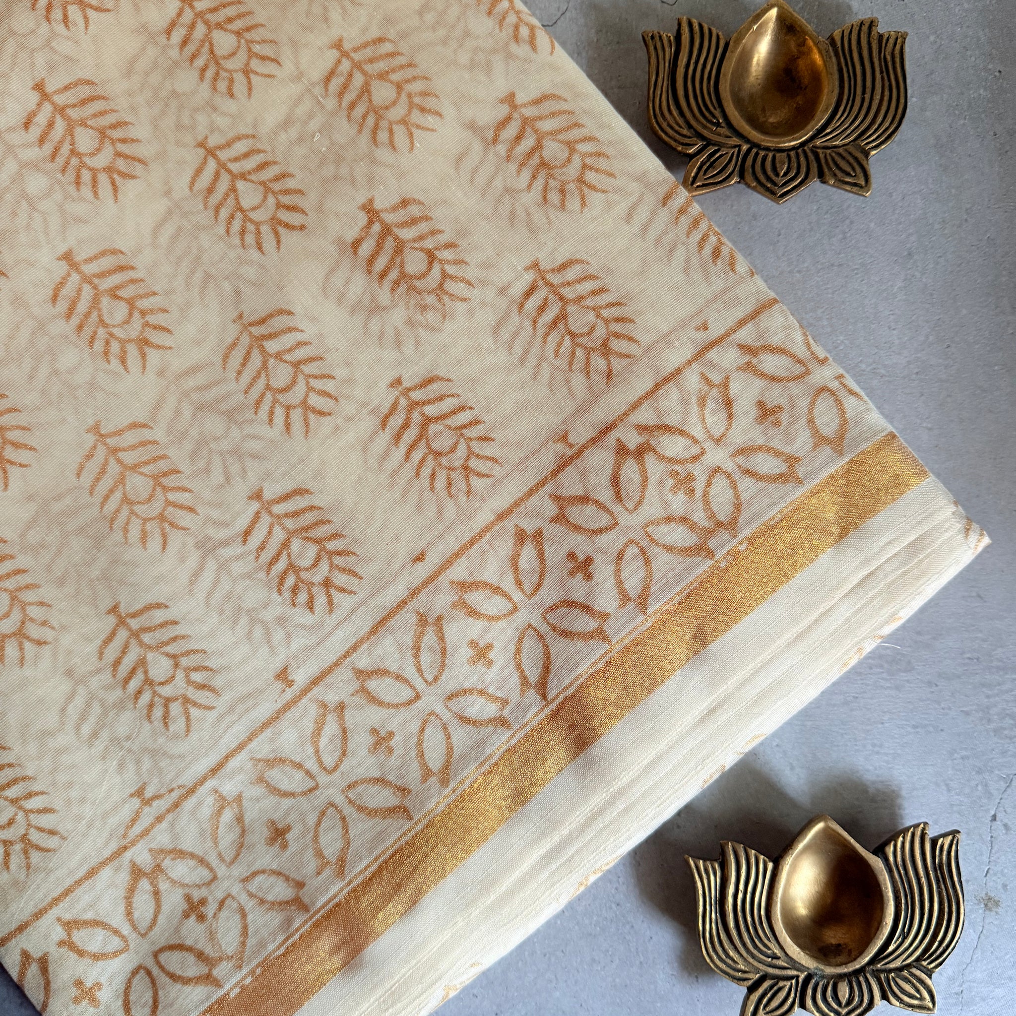 Sobita | White and Gold Floral Block Printed Chanderi Saree