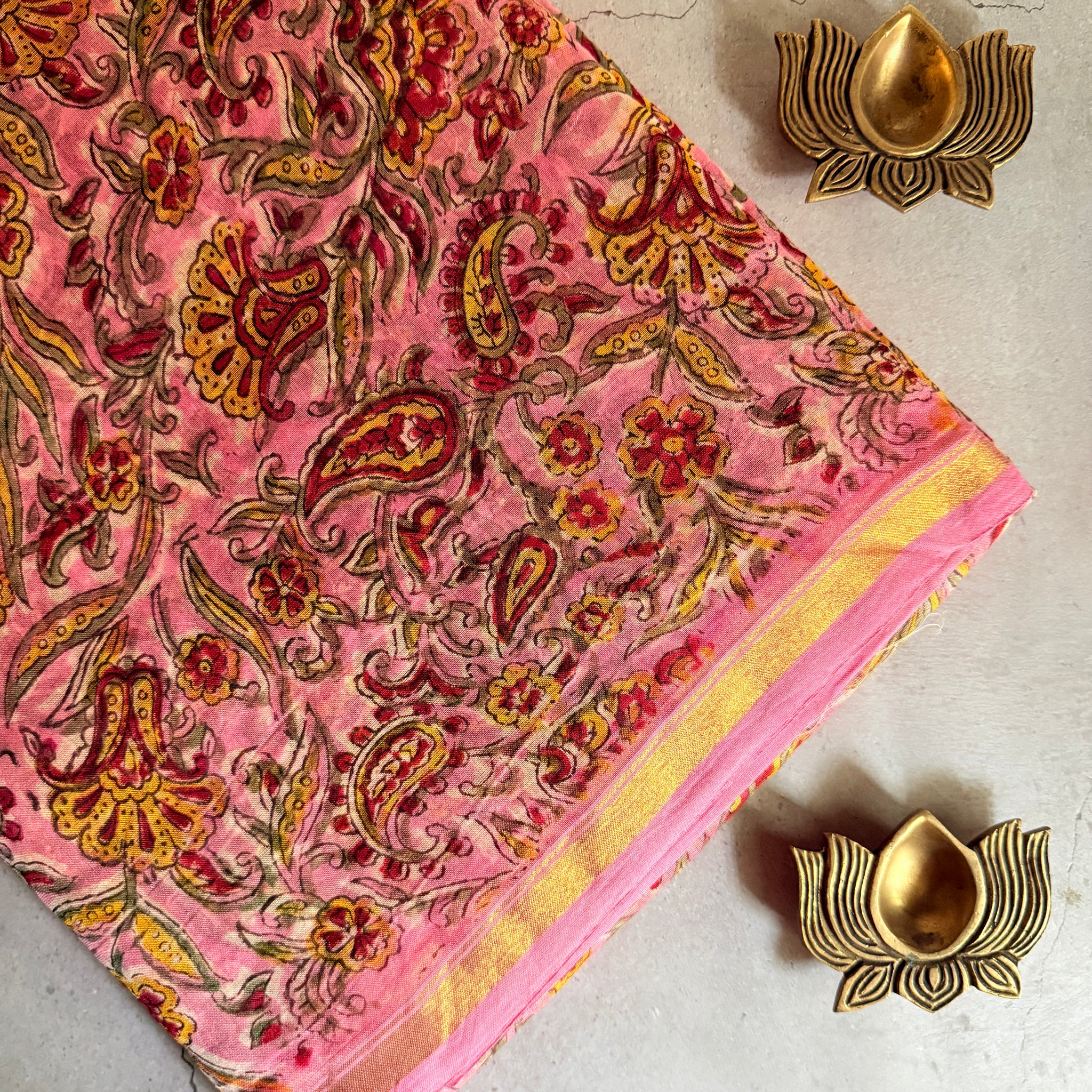 Ravika | Pink and Red Floral Block Printed Chanderi Saree