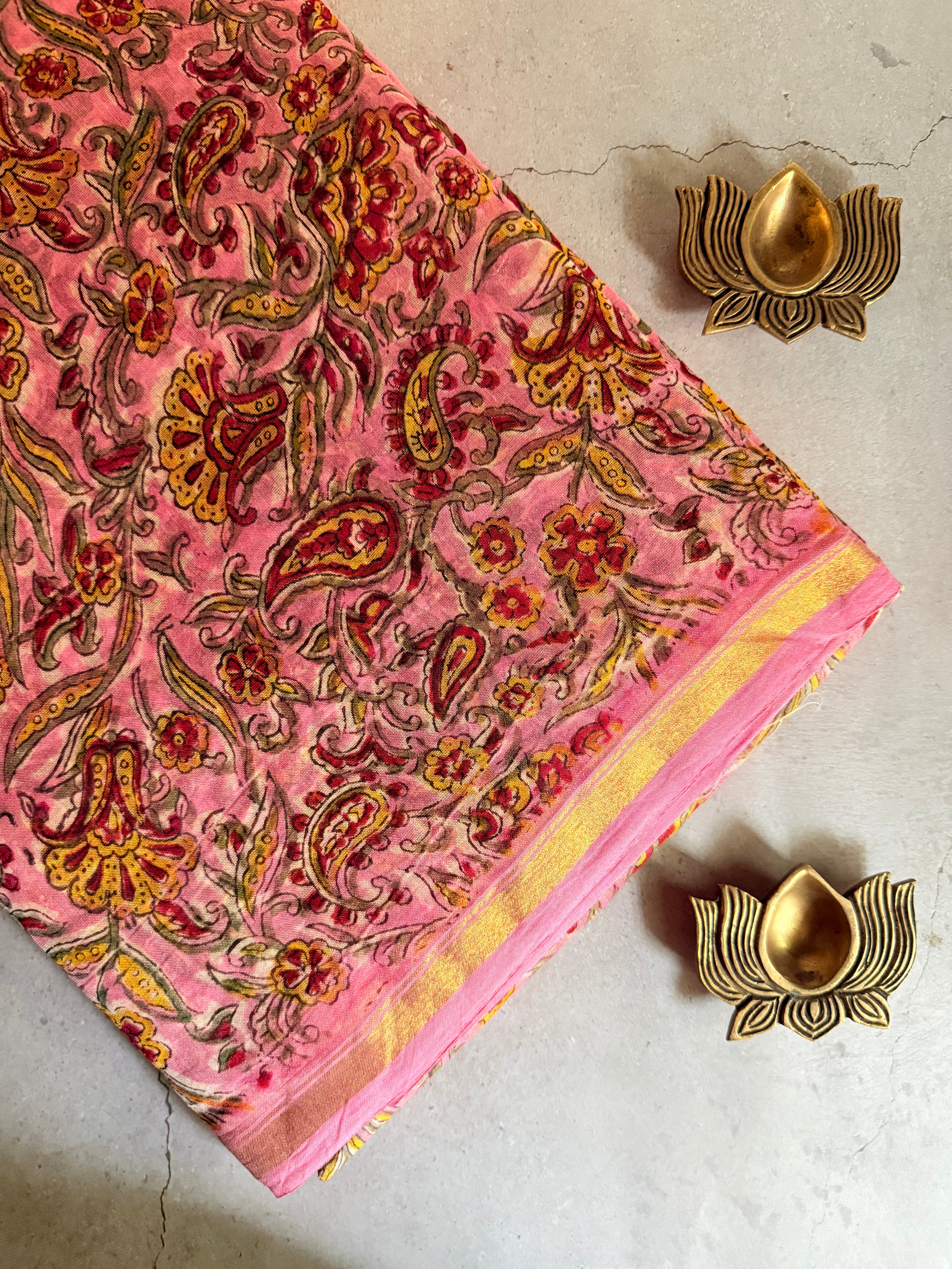 Ravika | Pink and Red Floral Block Printed Chanderi Saree