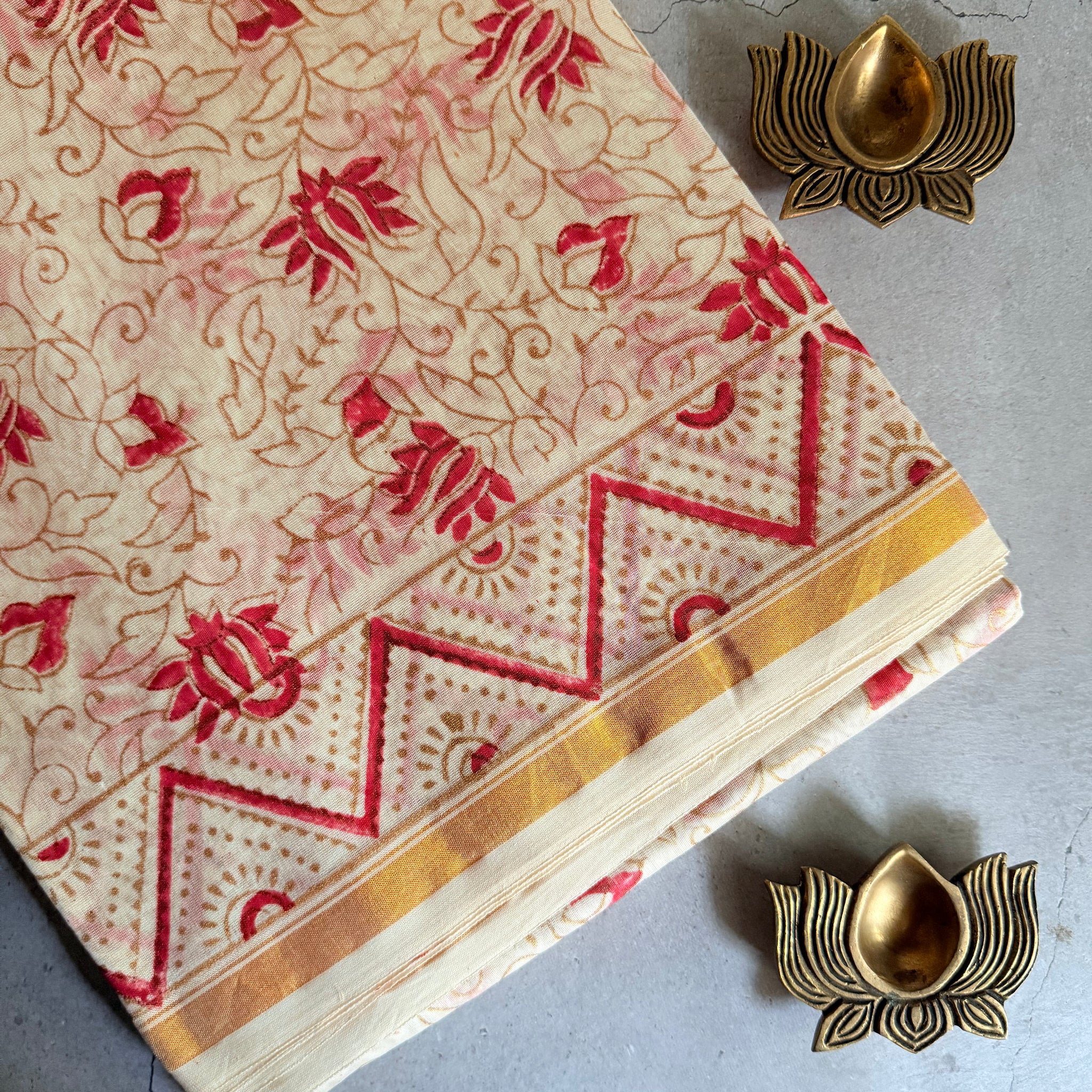 Tejini | White and Red Floral Block Printed Chanderi Saree