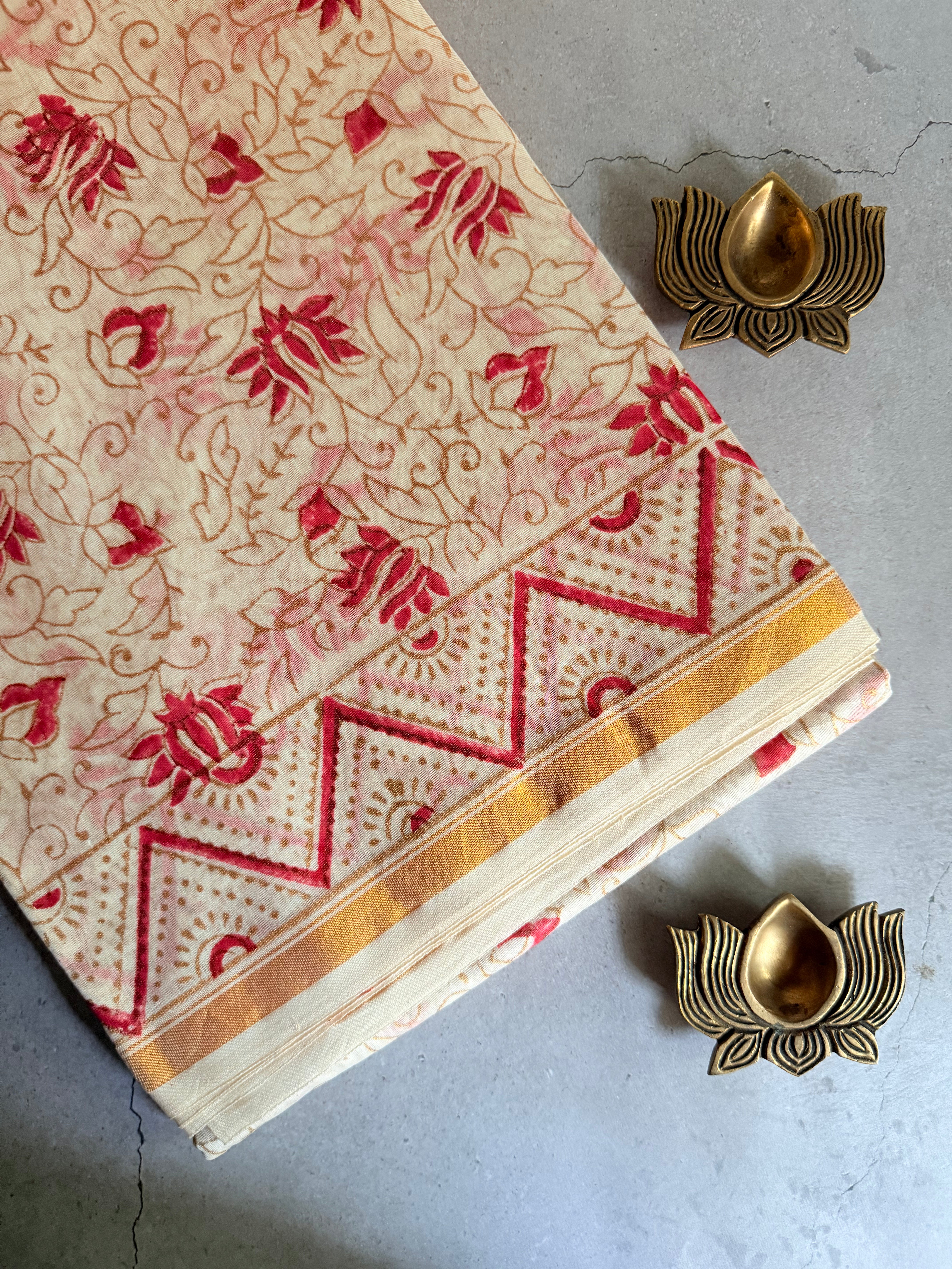 Tejini | White and Red Floral Block Printed Chanderi Saree