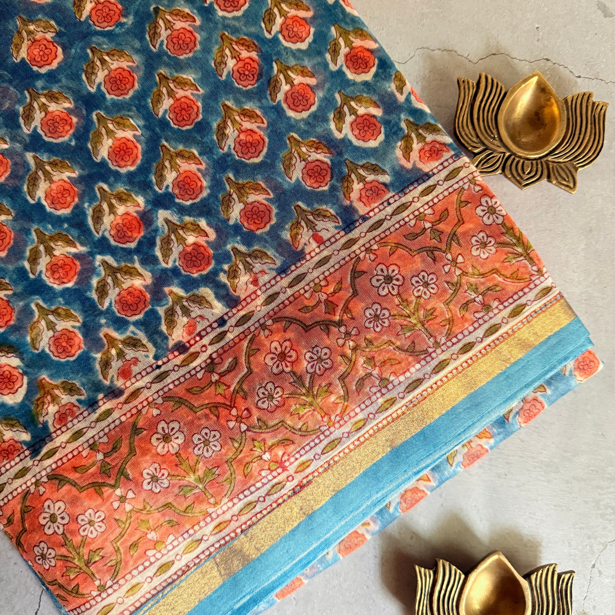 Prathika | Blue and Coral Floral Block Printed Chanderi Saree