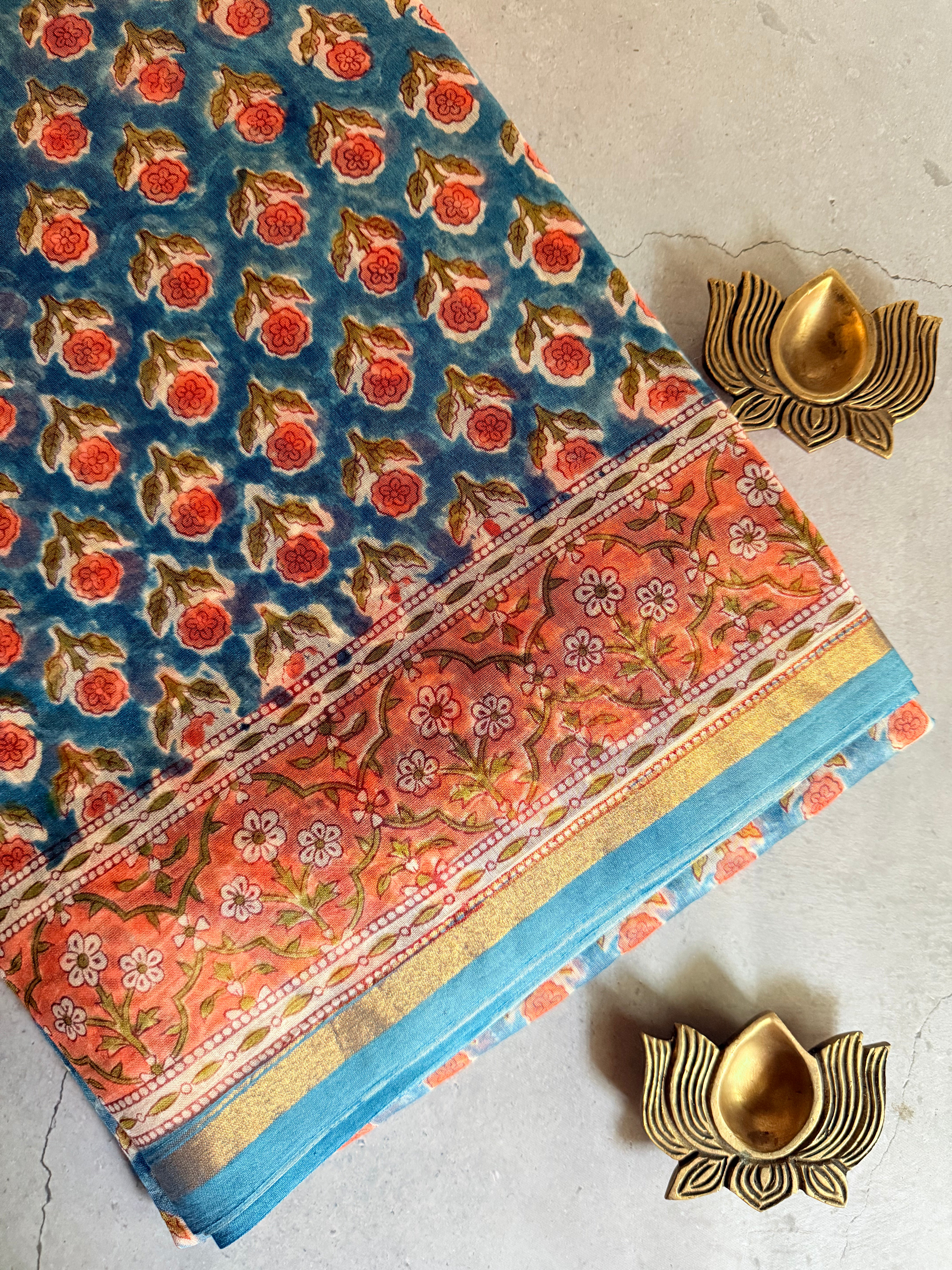 Prathika | Blue and Coral Floral Block Printed Chanderi Saree