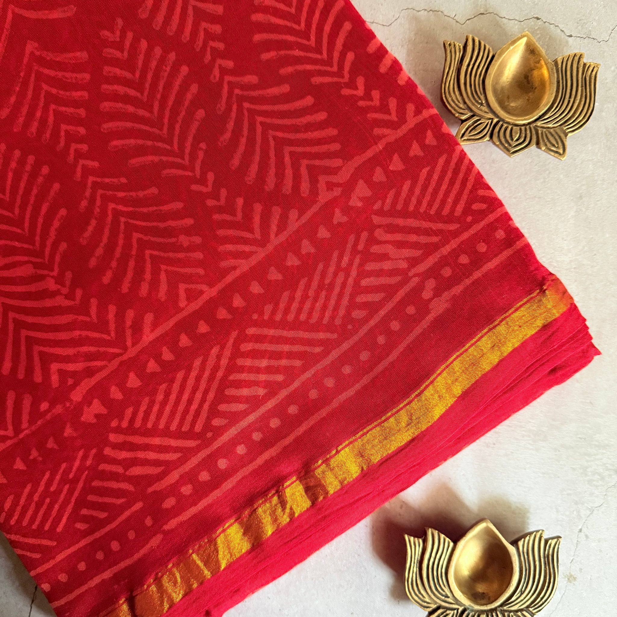 Sampanga | Red and Gold Floral Block Printed Chanderi Saree