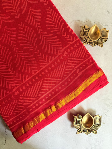 Sampanga | Red and Gold Floral Block Printed Chanderi Saree