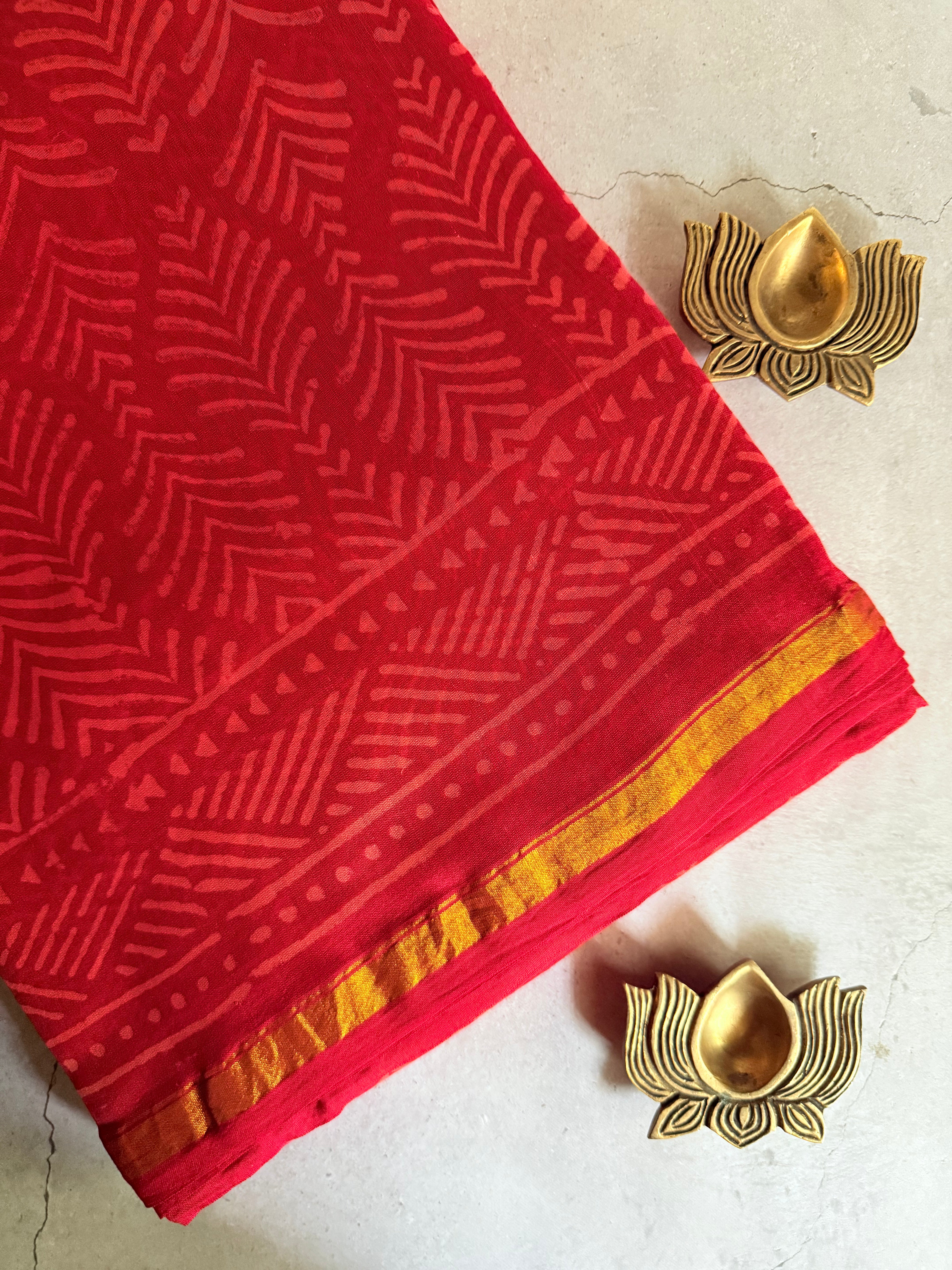 Sampanga | Red and Gold Floral Block Printed Chanderi Saree