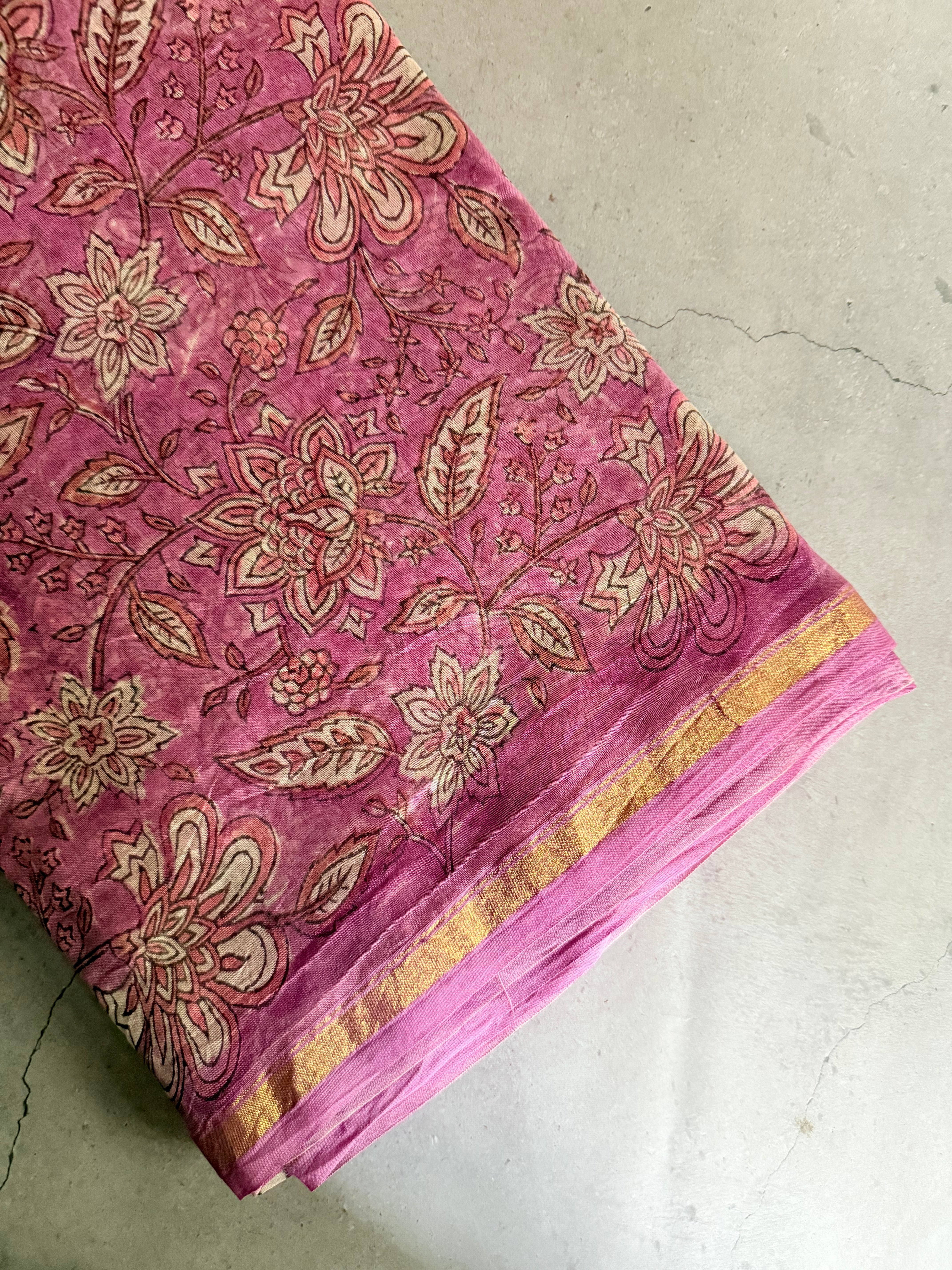 Gulika | Pink and White Floral Block Printed Chanderi Saree