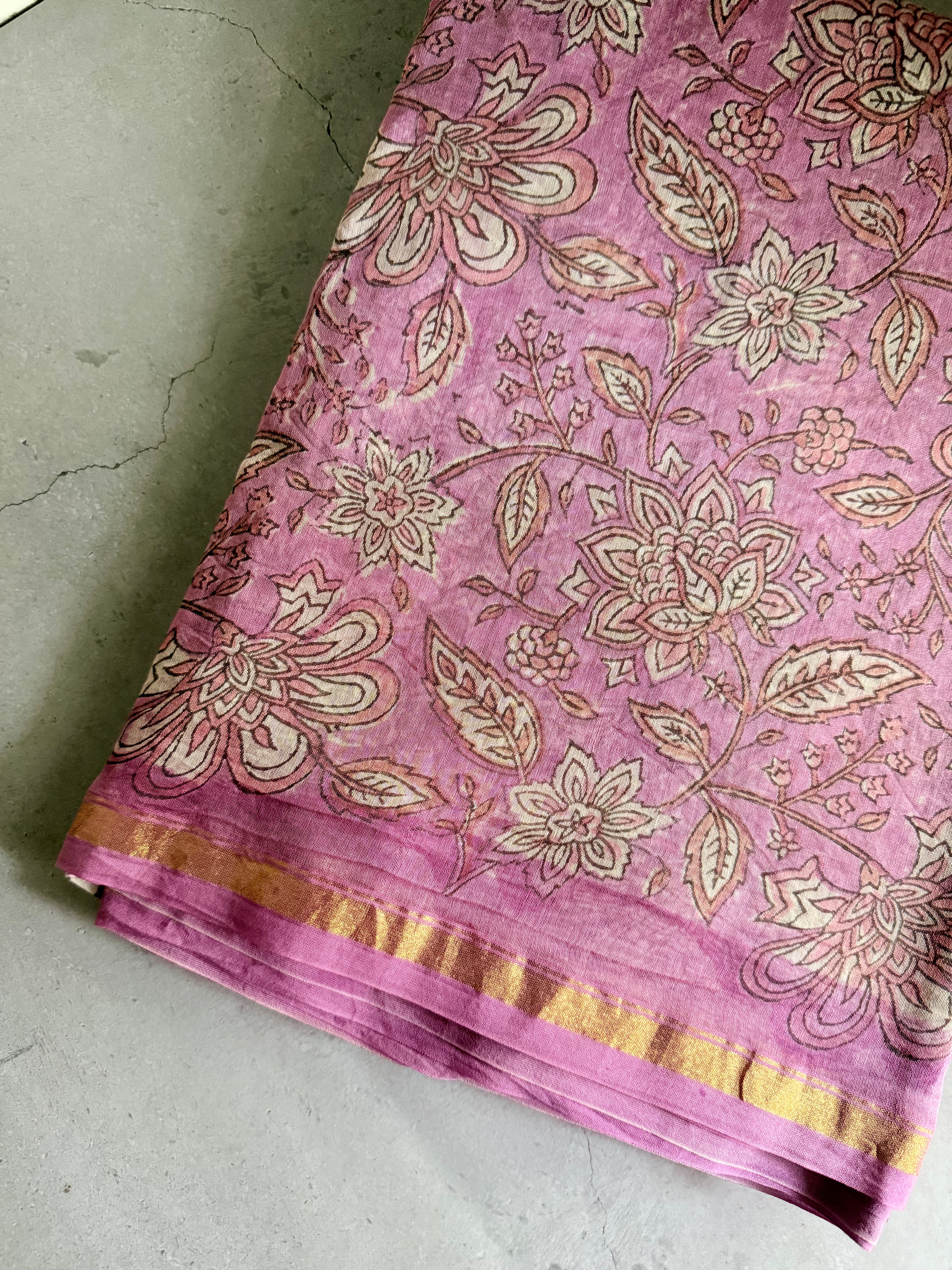 Gulika | Pink and White Floral Block Printed Chanderi Saree
