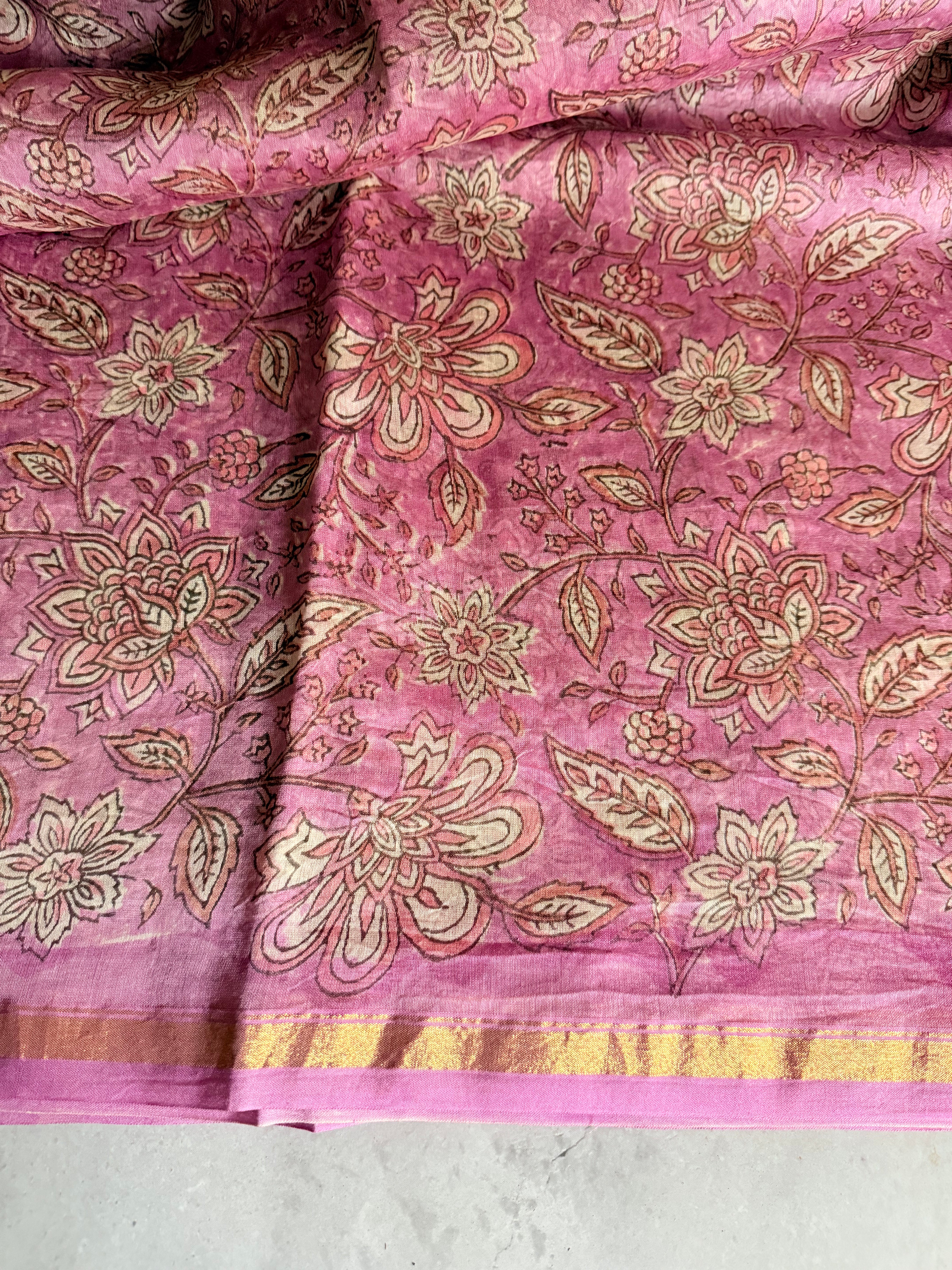 Gulika | Pink and White Floral Block Printed Chanderi Saree