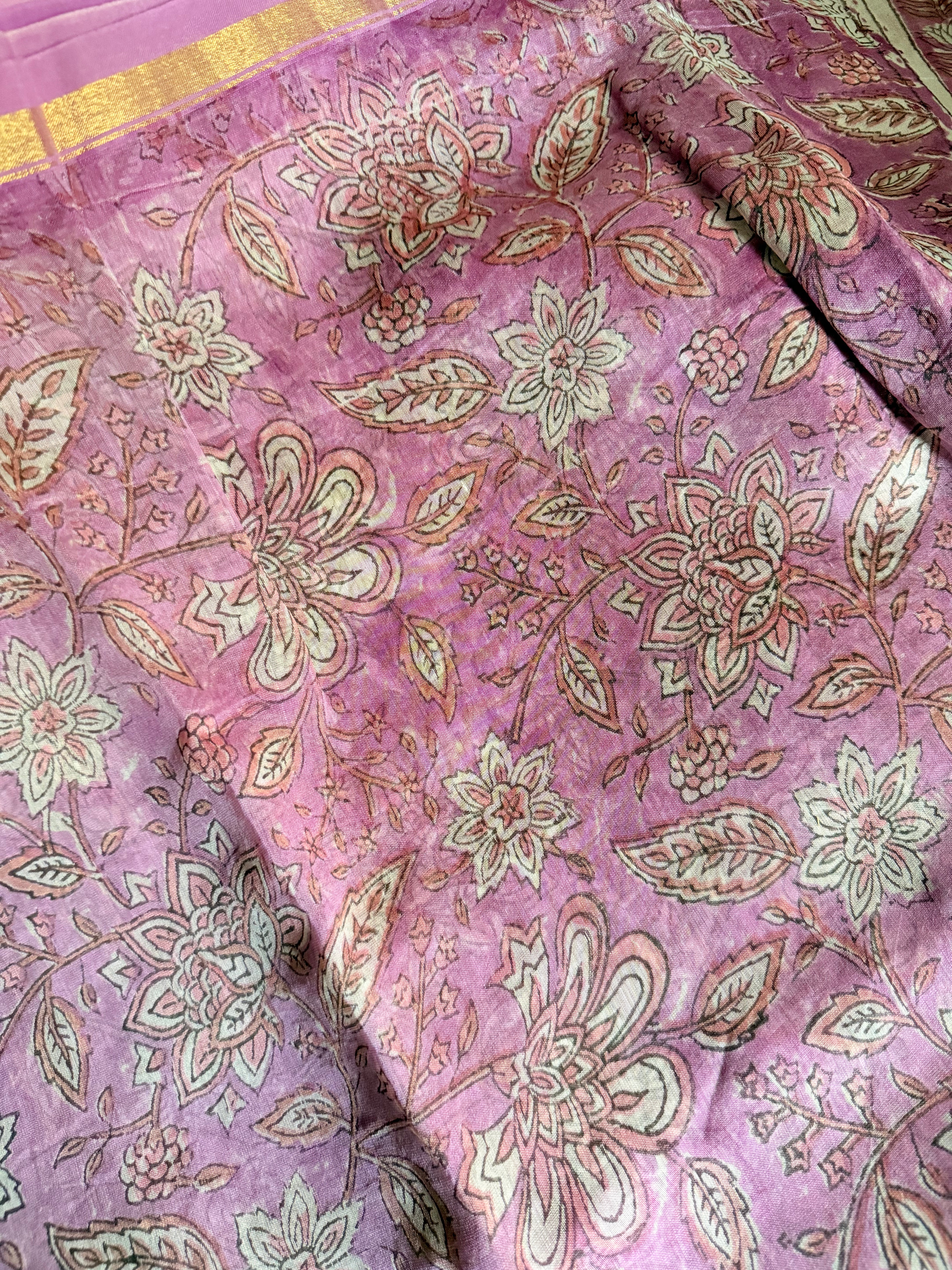 Gulika | Pink and White Floral Block Printed Chanderi Saree