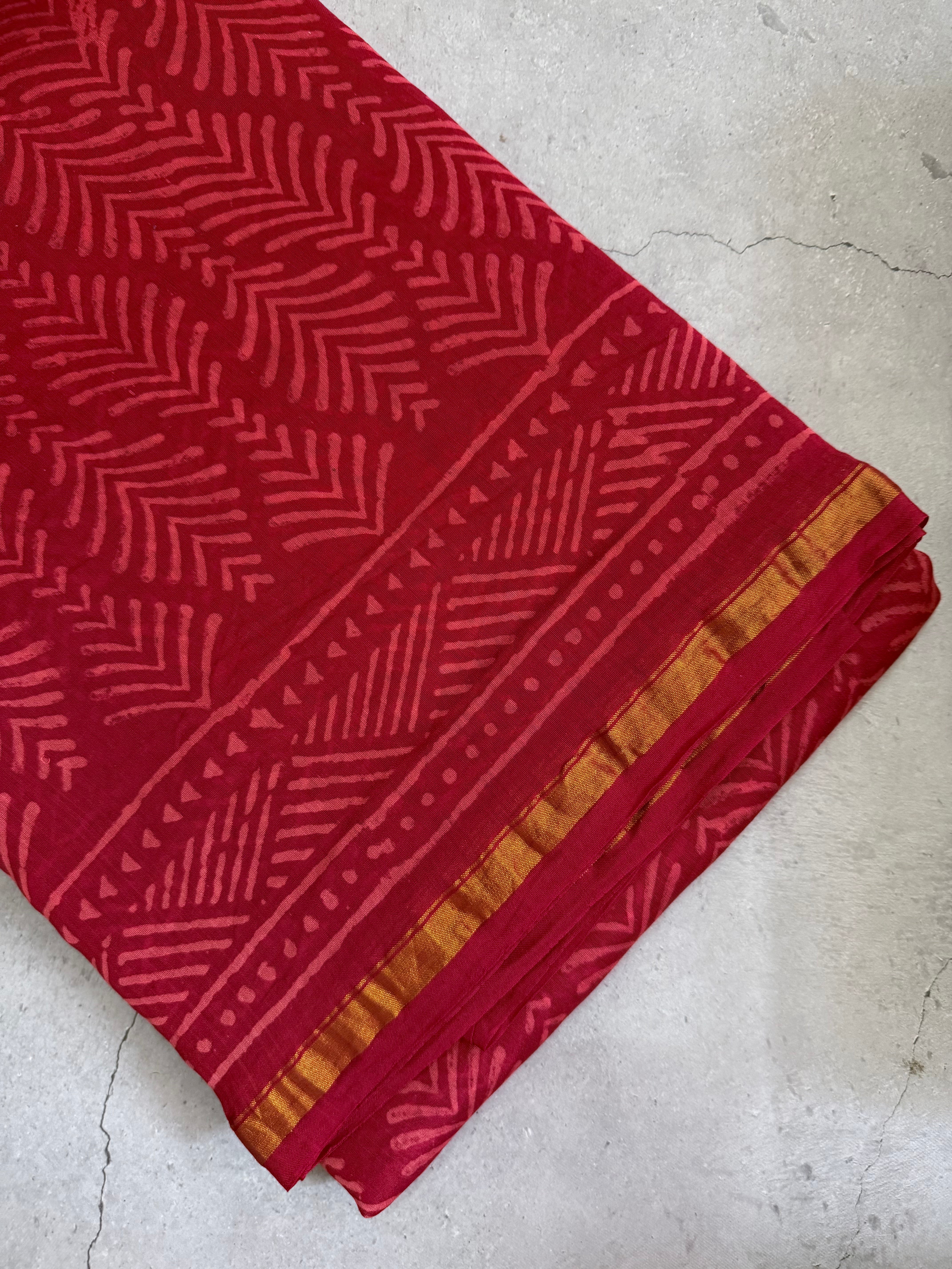 Sampanga | Red and Gold Floral Block Printed Chanderi Saree