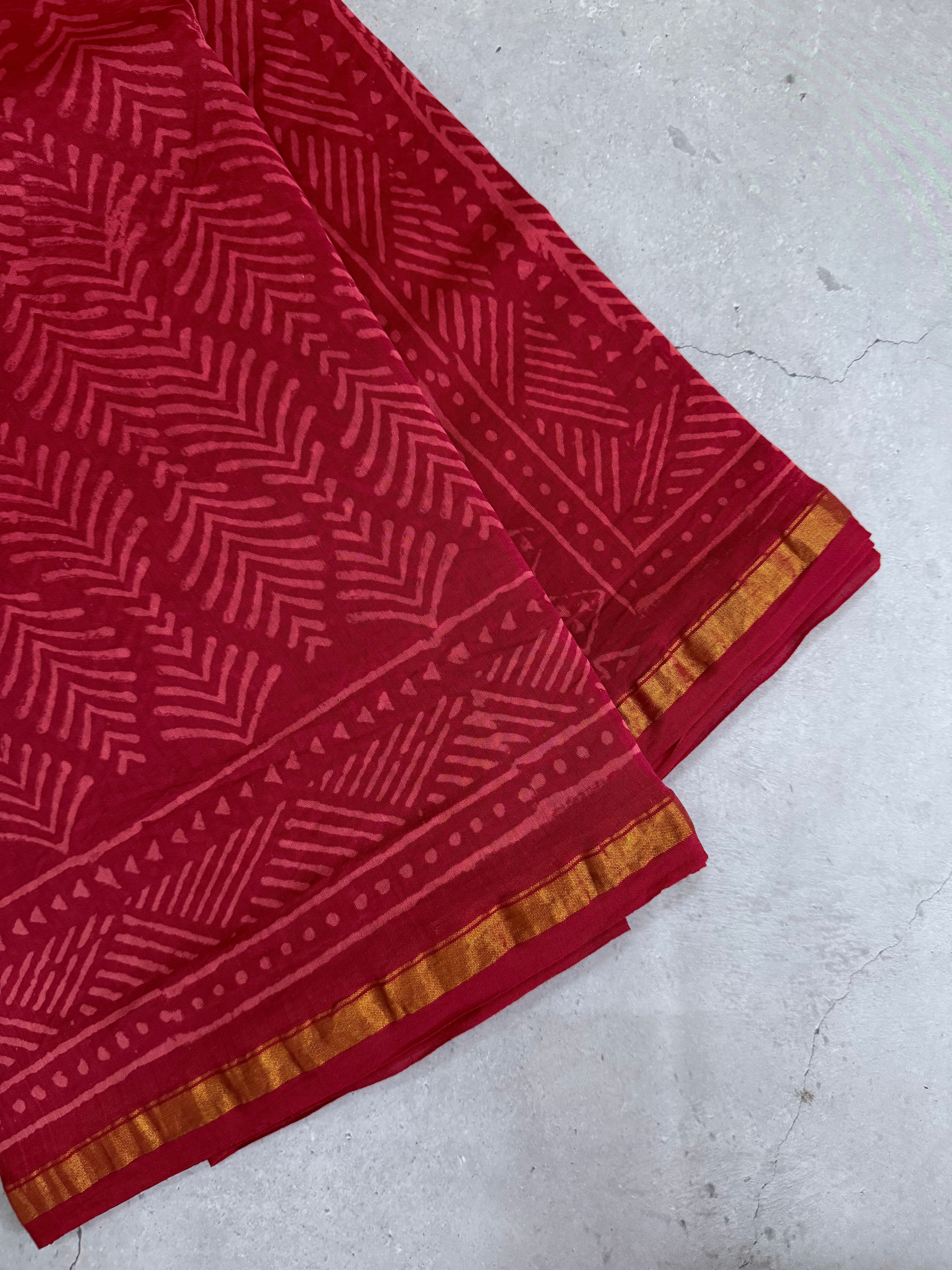 Sampanga | Red and Gold Floral Block Printed Chanderi Saree