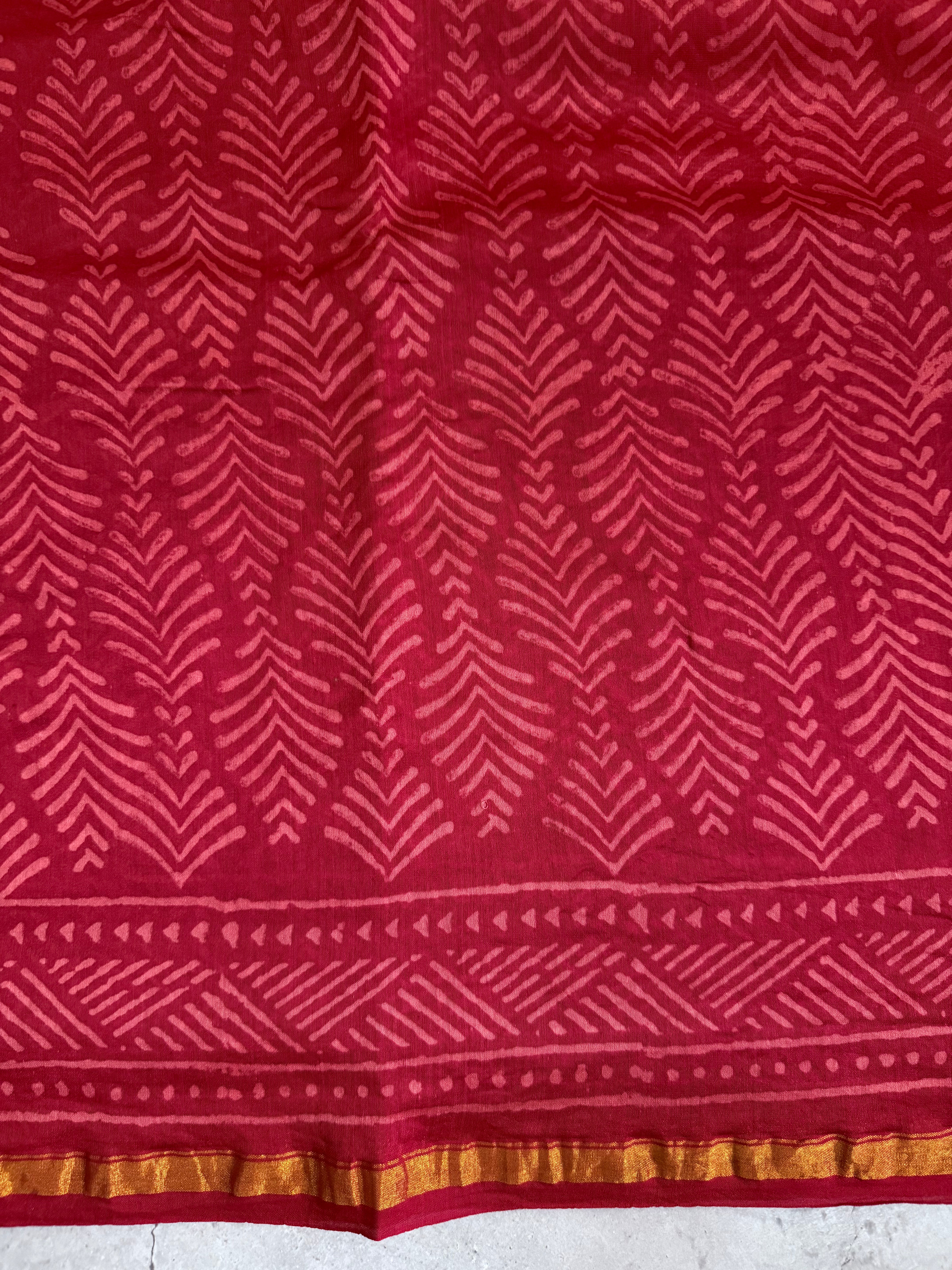 Sampanga | Red and Gold Floral Block Printed Chanderi Saree
