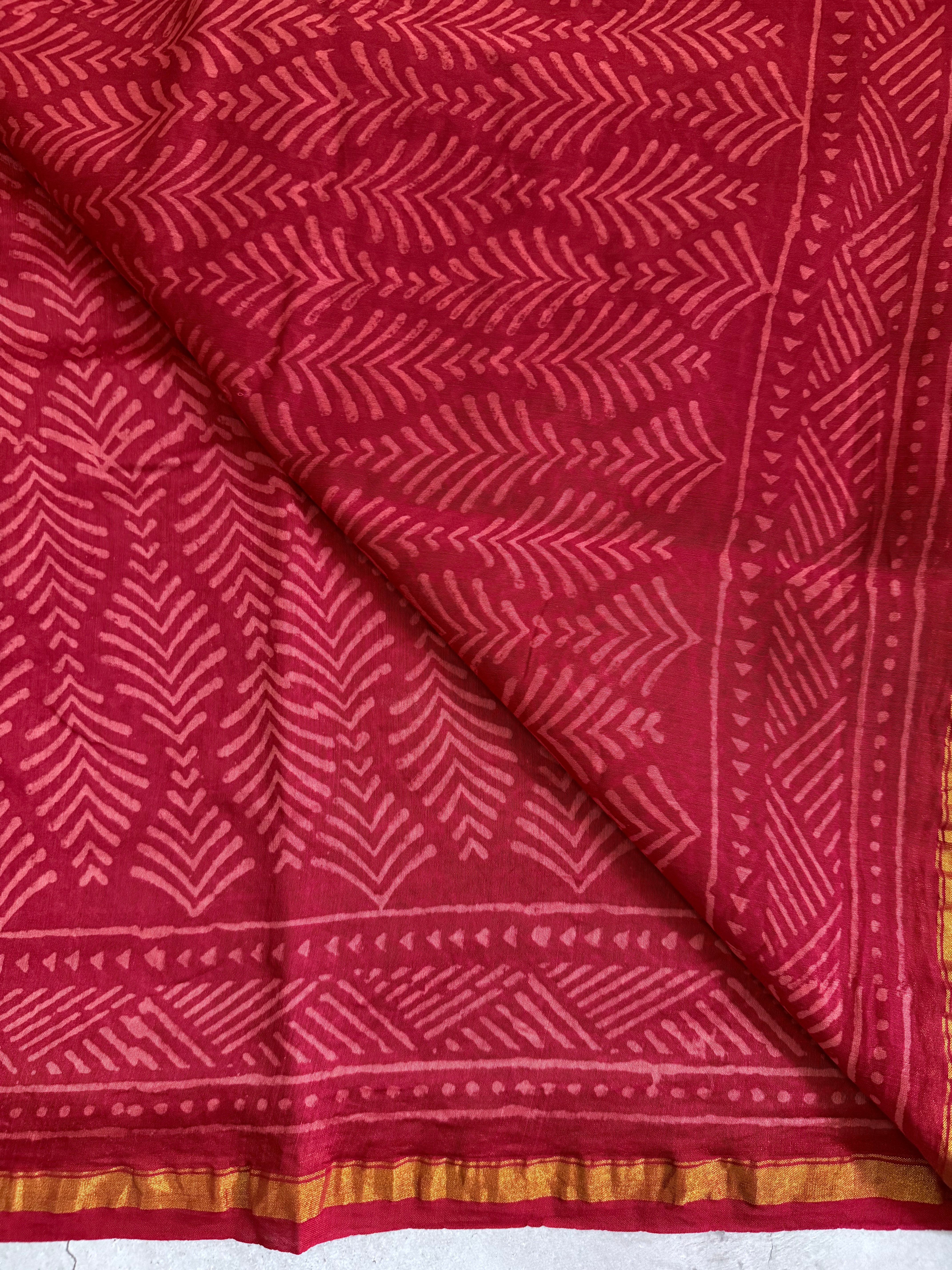 Sampanga | Red and Gold Floral Block Printed Chanderi Saree