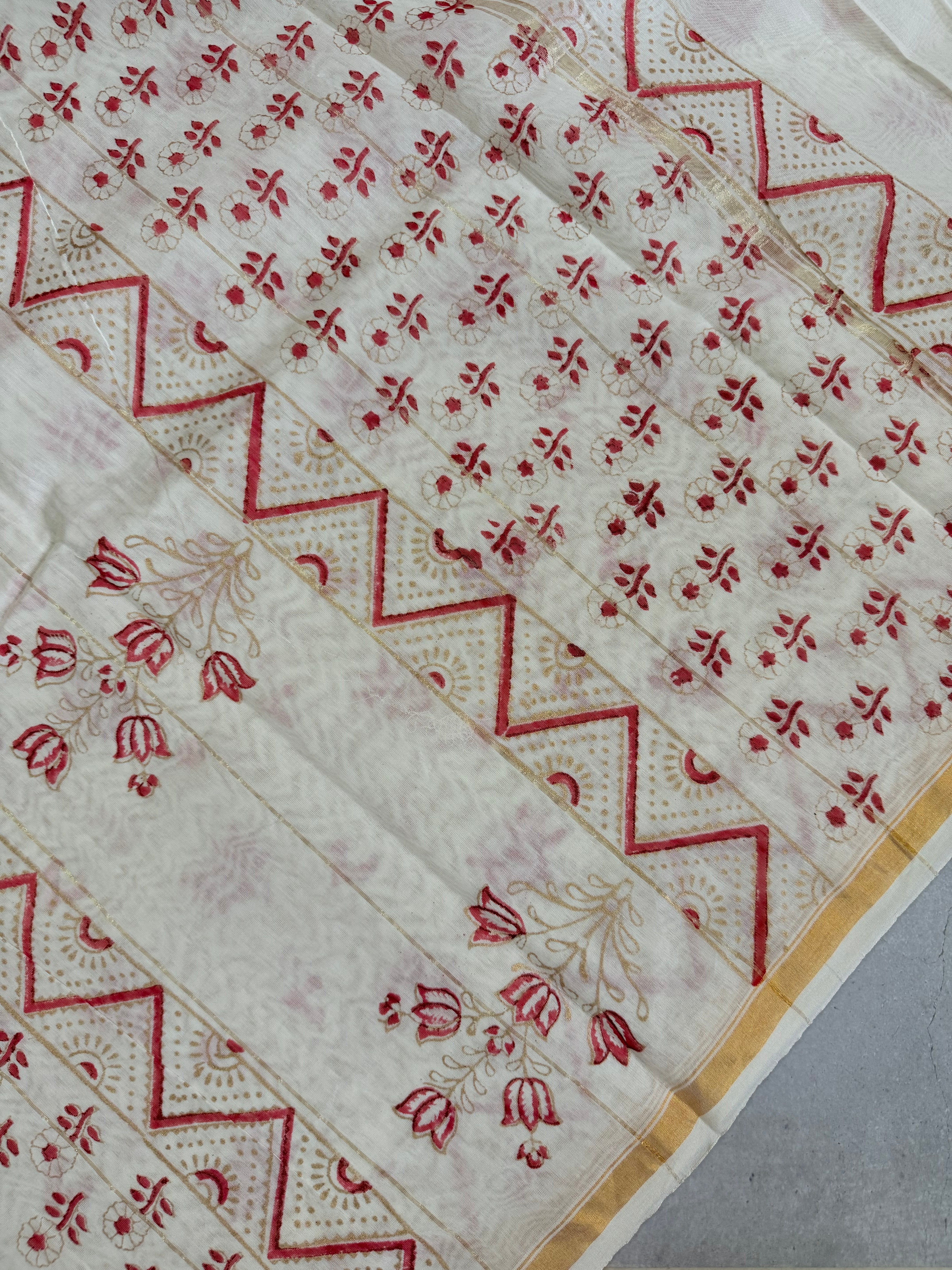 Tejini | White and Red Floral Block Printed Chanderi Saree