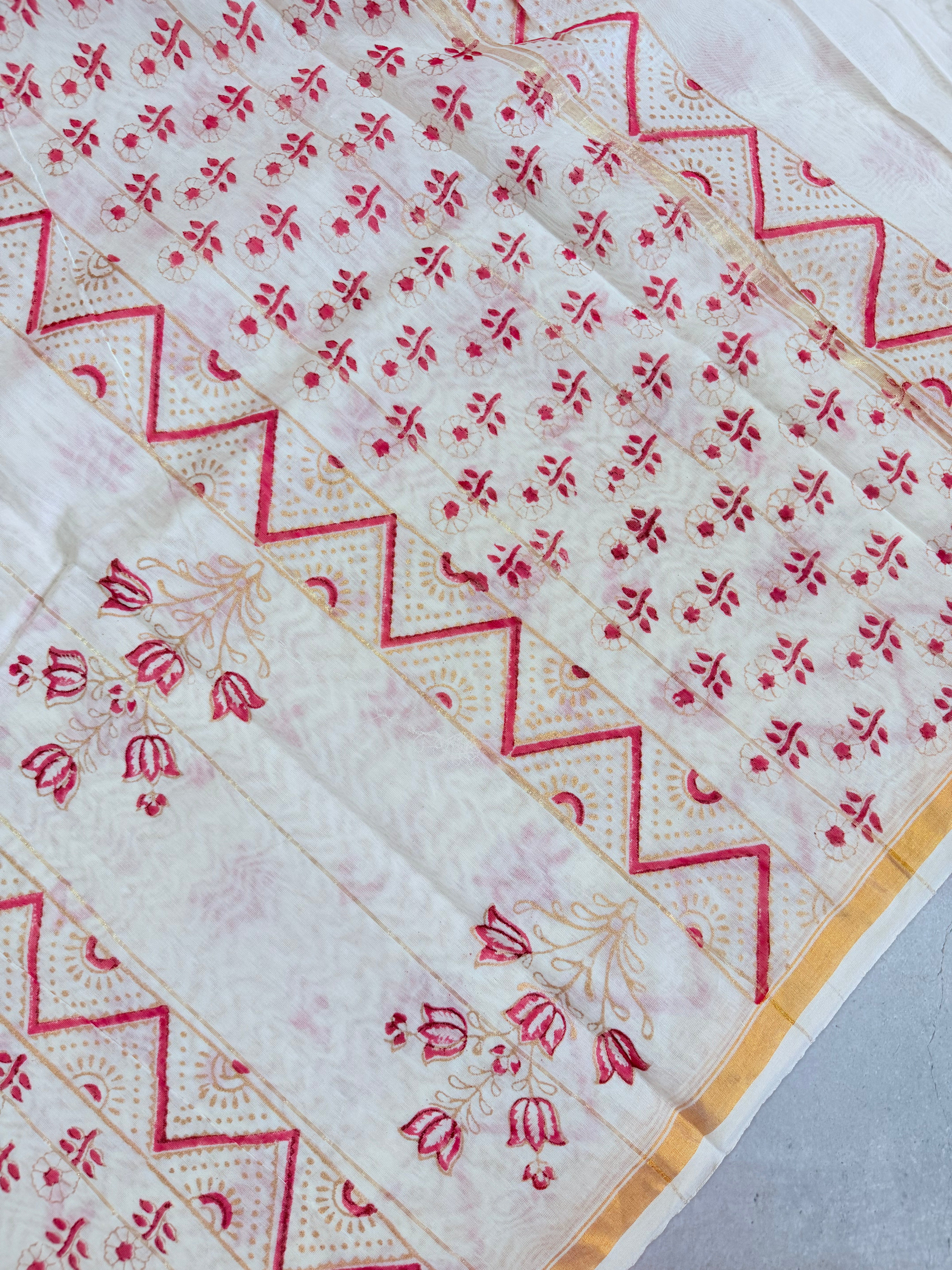 Tejini | White and Red Floral Block Printed Chanderi Saree
