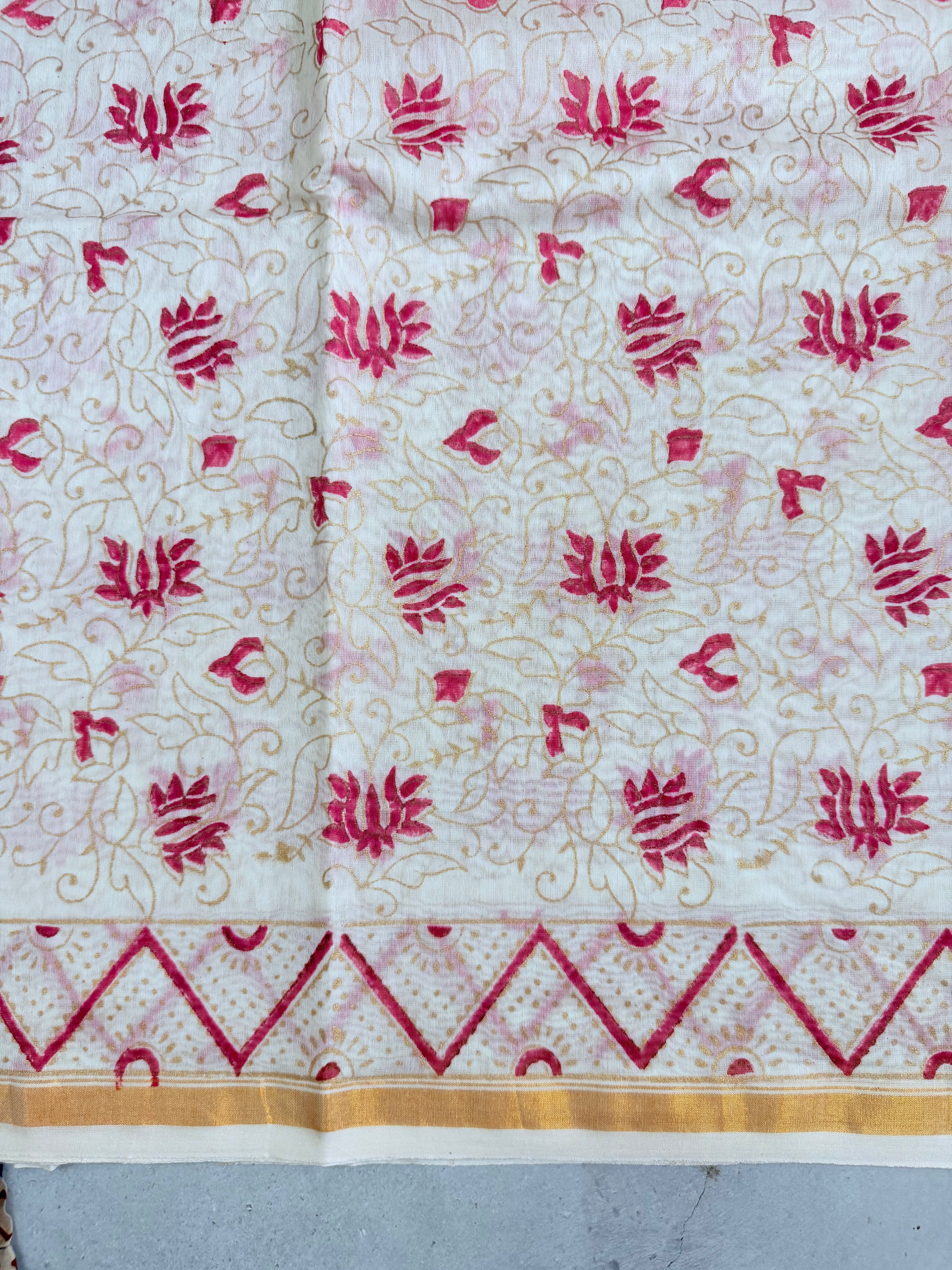 Tejini | White and Red Floral Block Printed Chanderi Saree