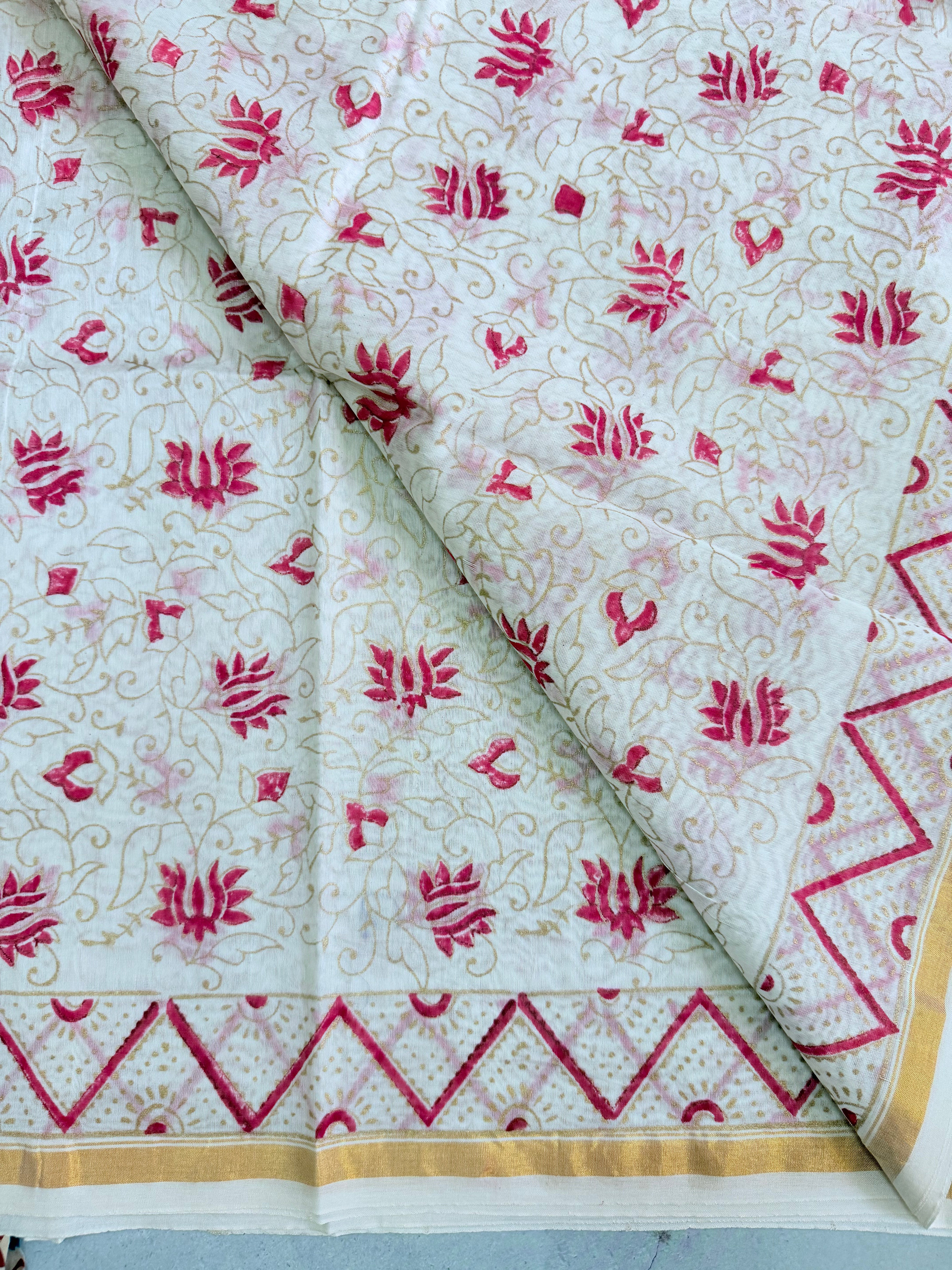 Tejini | White and Red Floral Block Printed Chanderi Saree