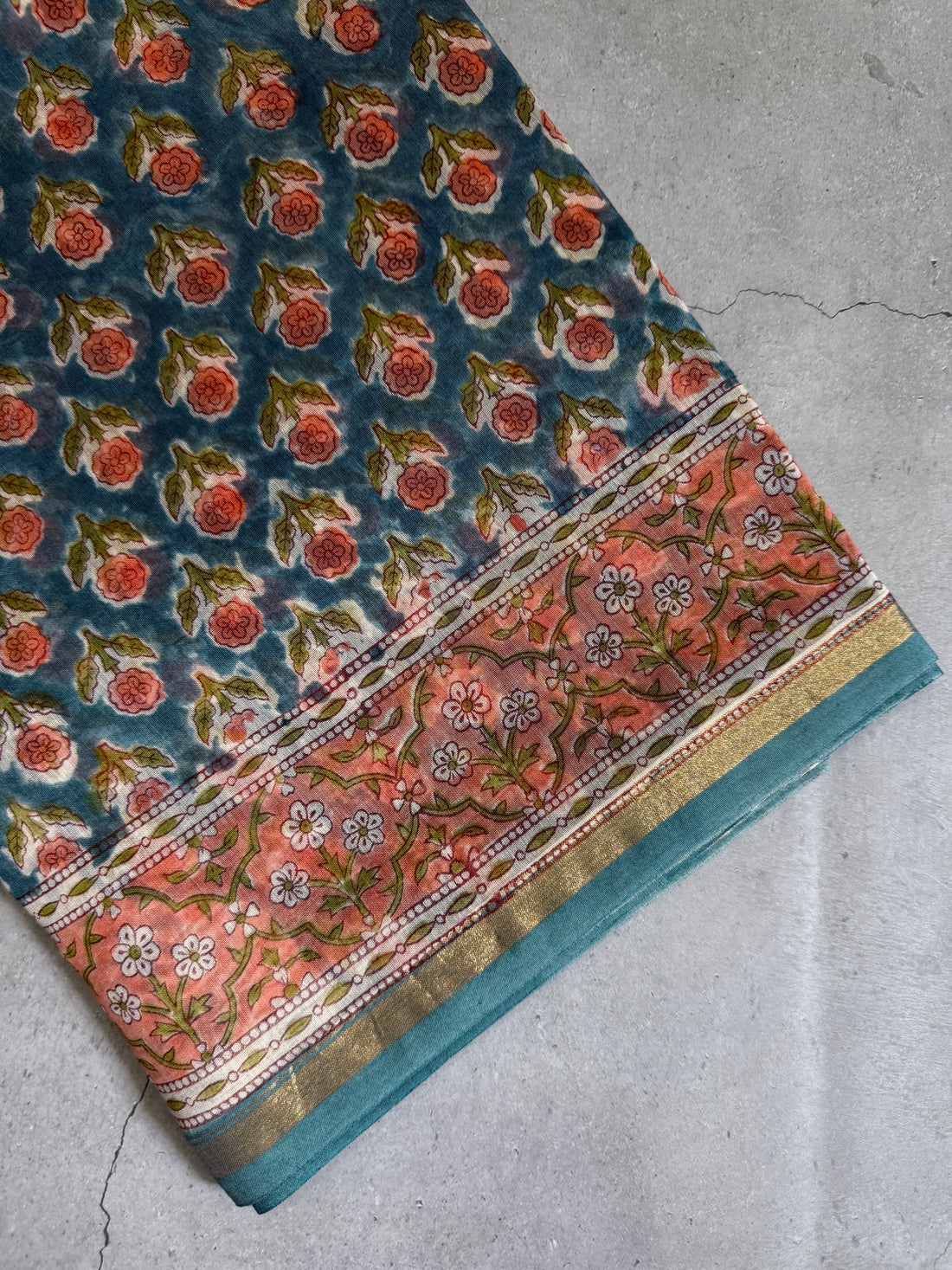 Prathika | Blue and Coral Floral Block Printed Chanderi Saree