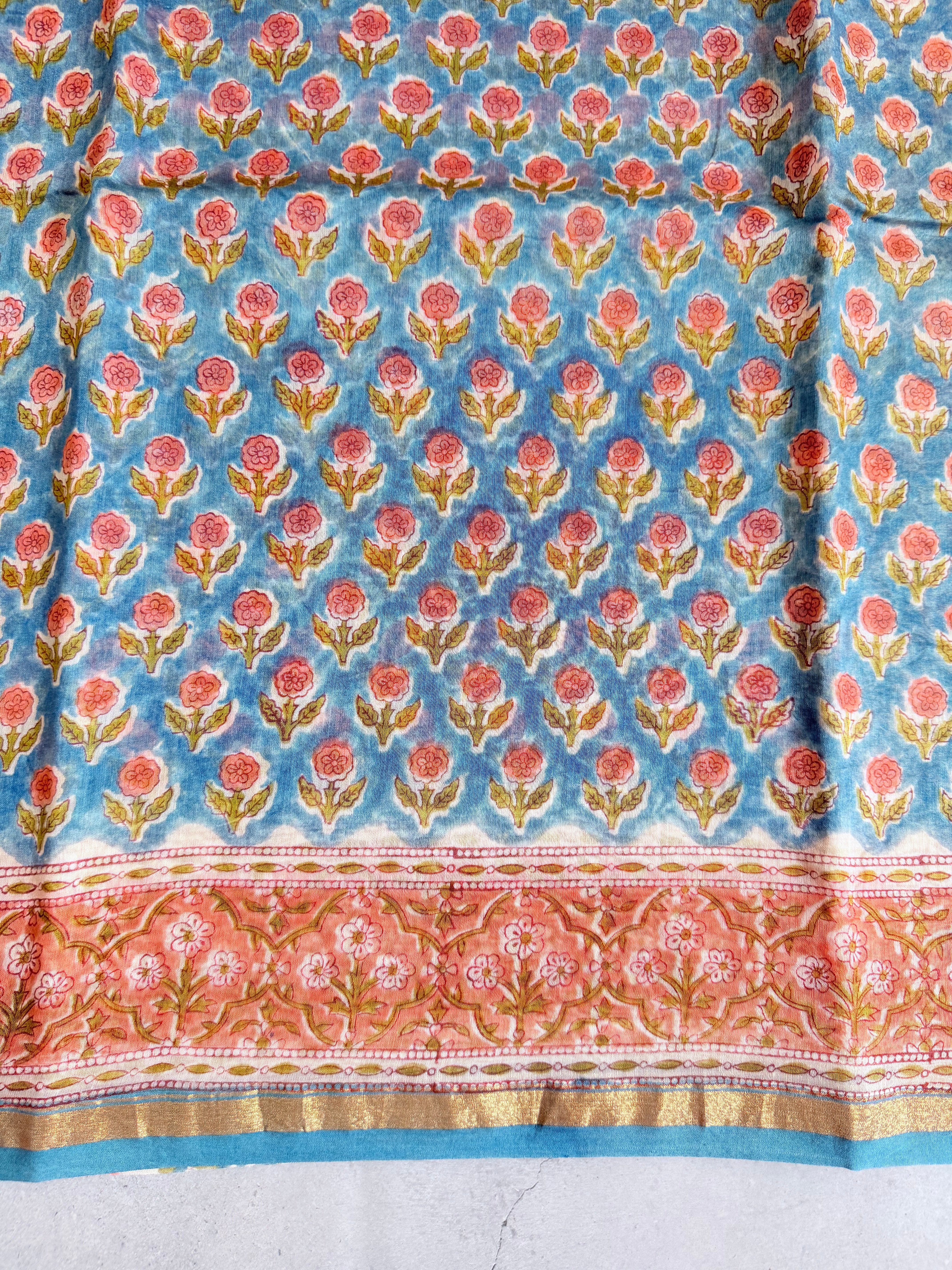 Prathika | Blue and Coral Floral Block Printed Chanderi Saree