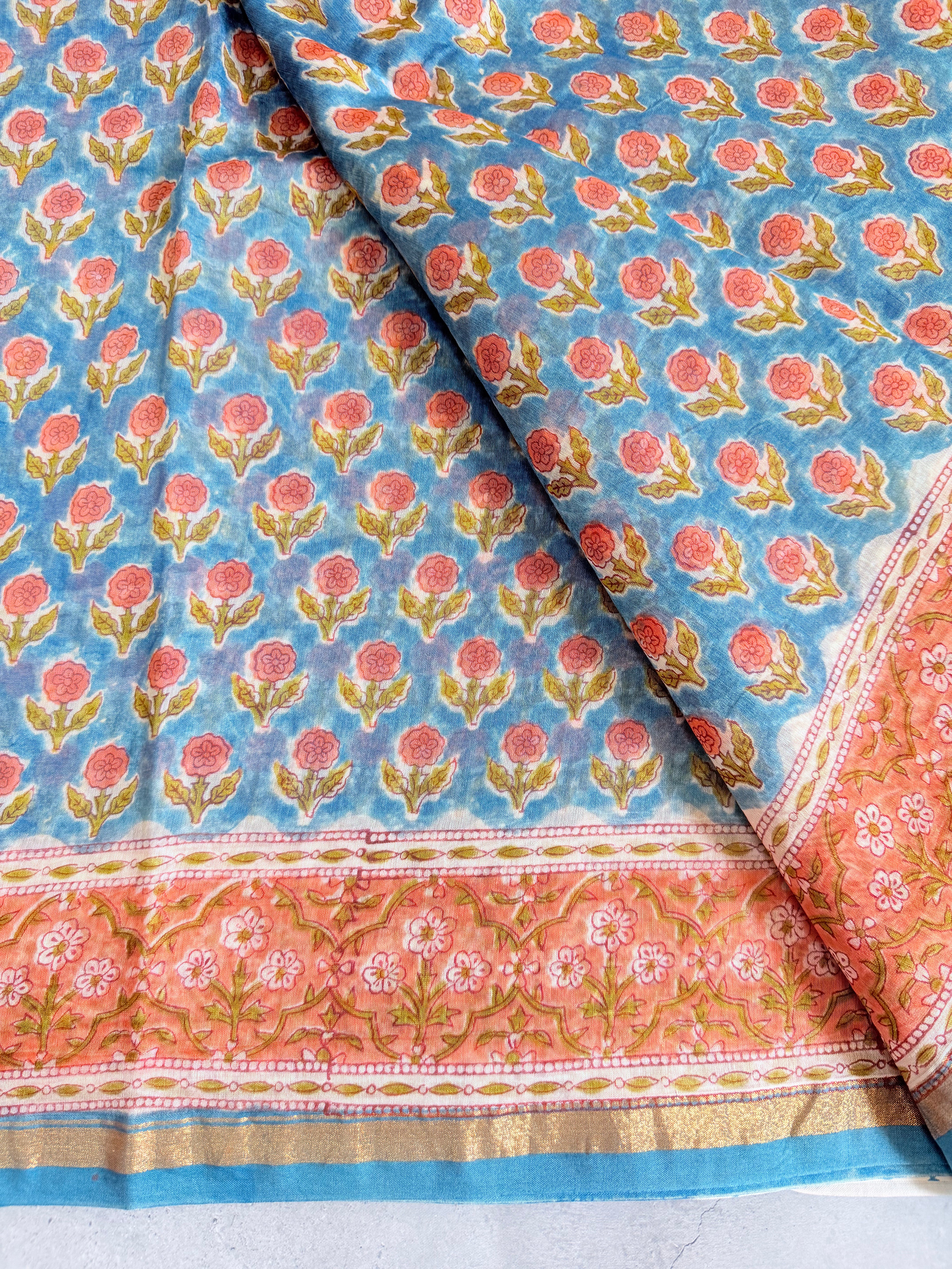 Prathika | Blue and Coral Floral Block Printed Chanderi Saree