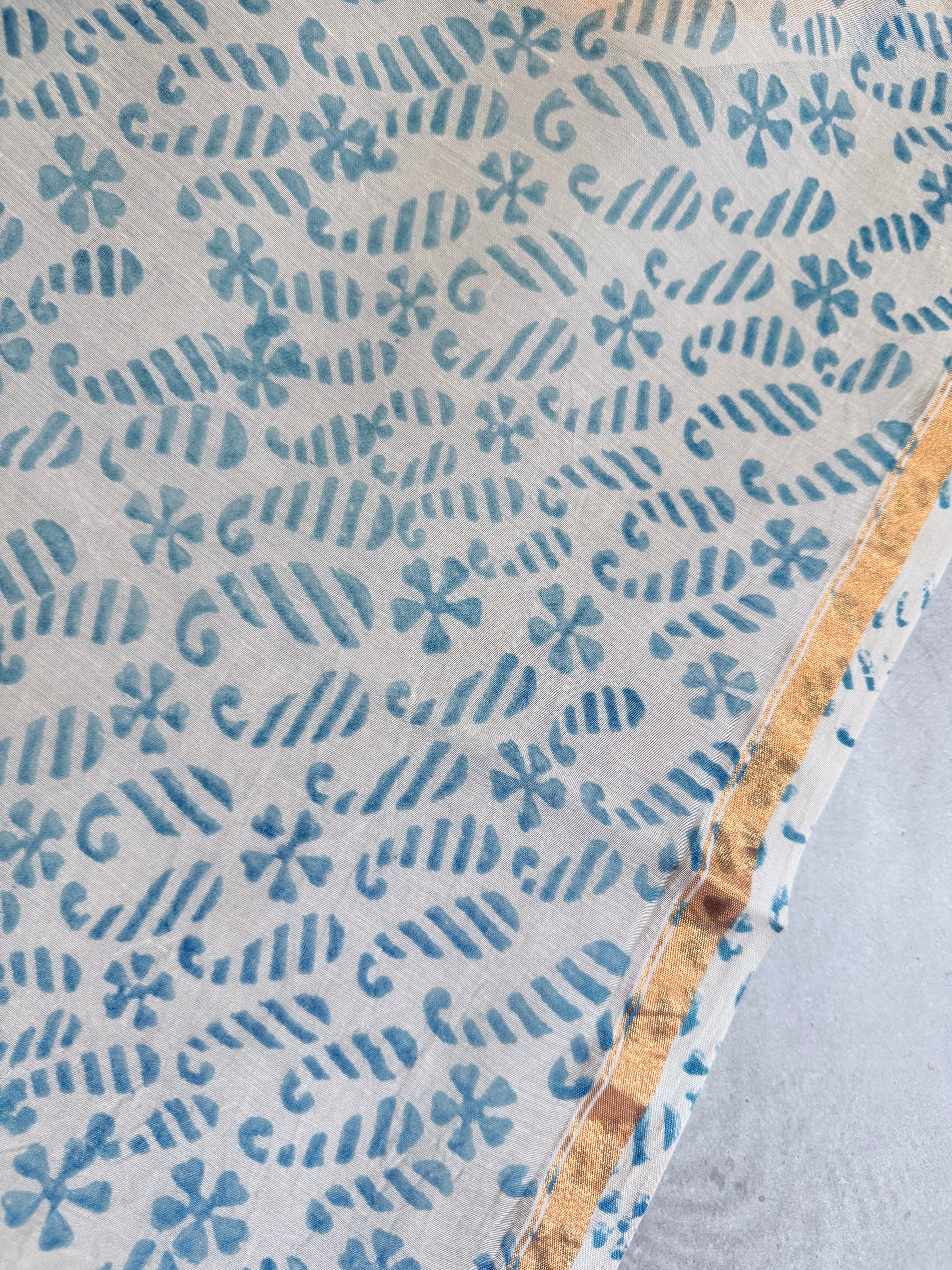 Prathika | Blue and Coral Floral Block Printed Chanderi Saree