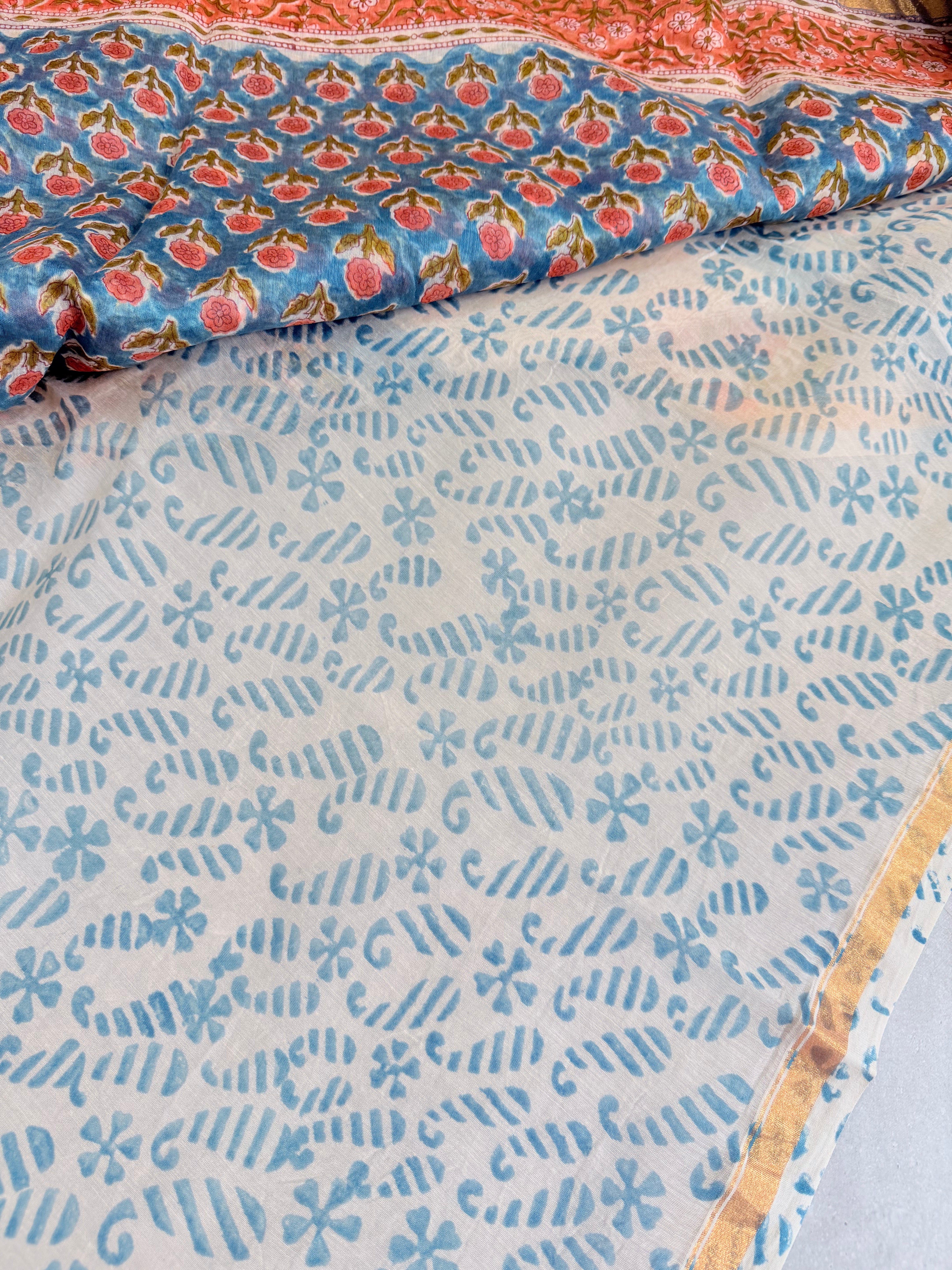 Prathika | Blue and Coral Floral Block Printed Chanderi Saree