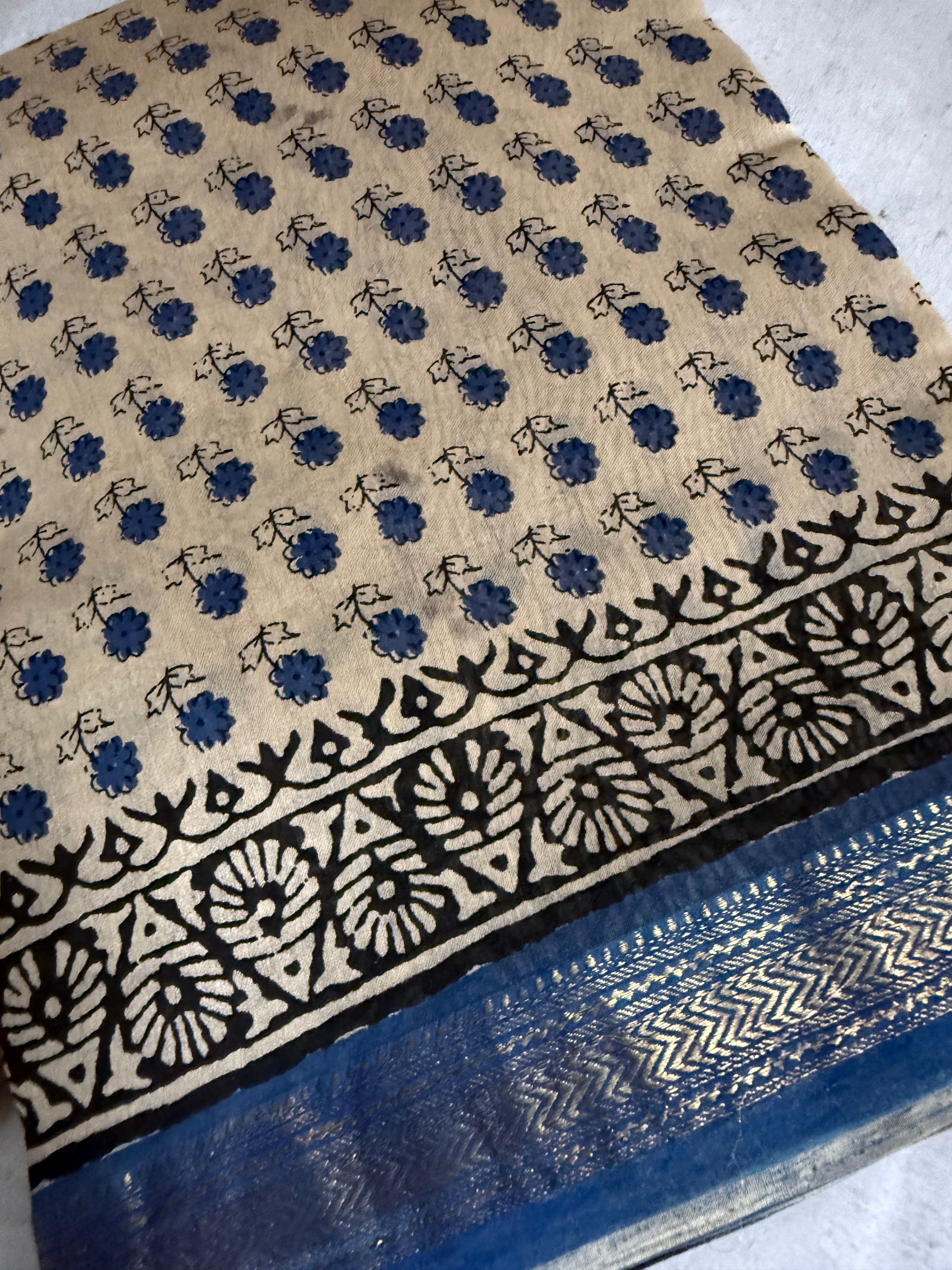 Lepa |Beige and Blue Block Printed Maheshwari Saree