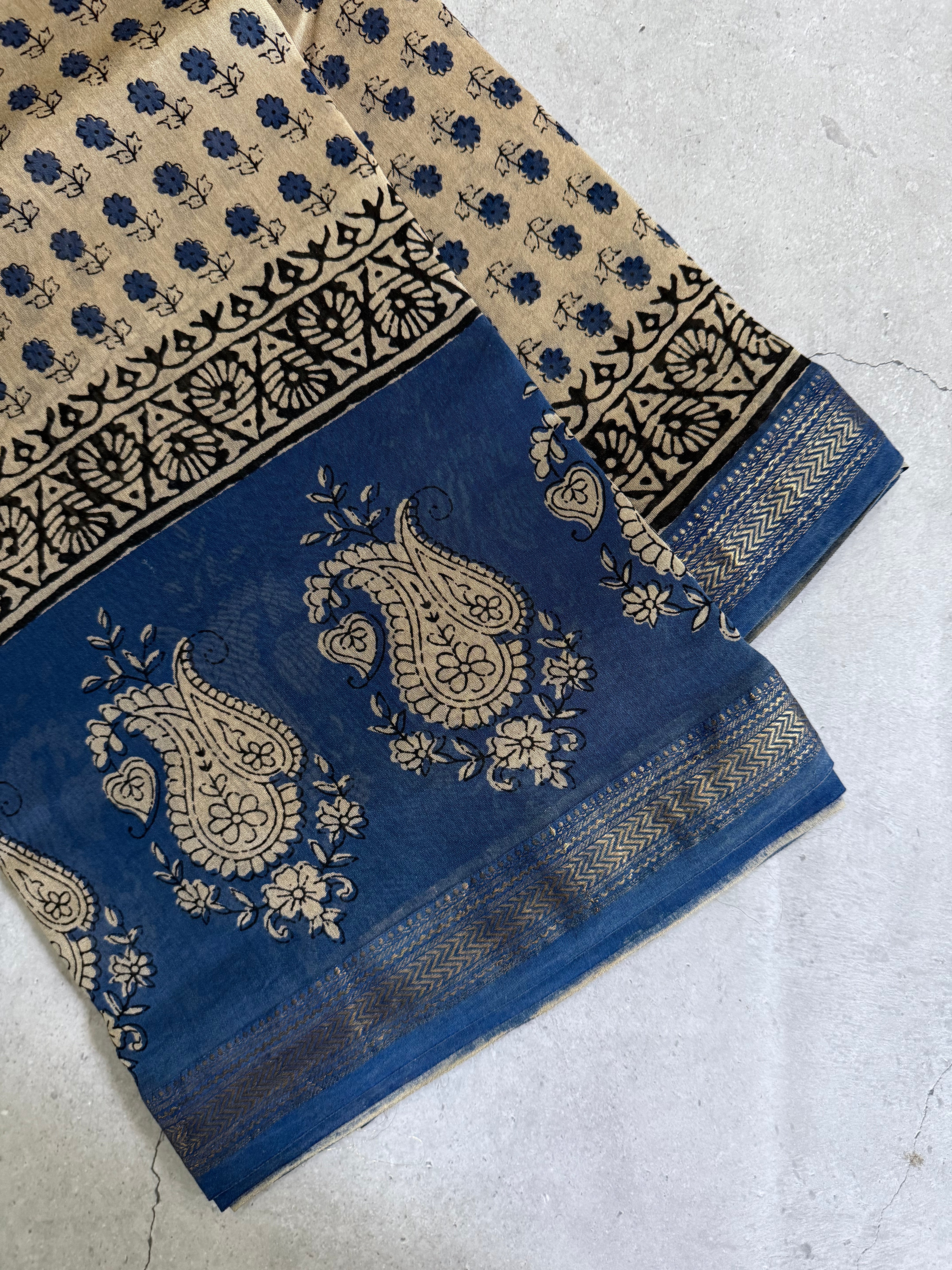 Lepa |Beige and Blue Block Printed Maheshwari Saree