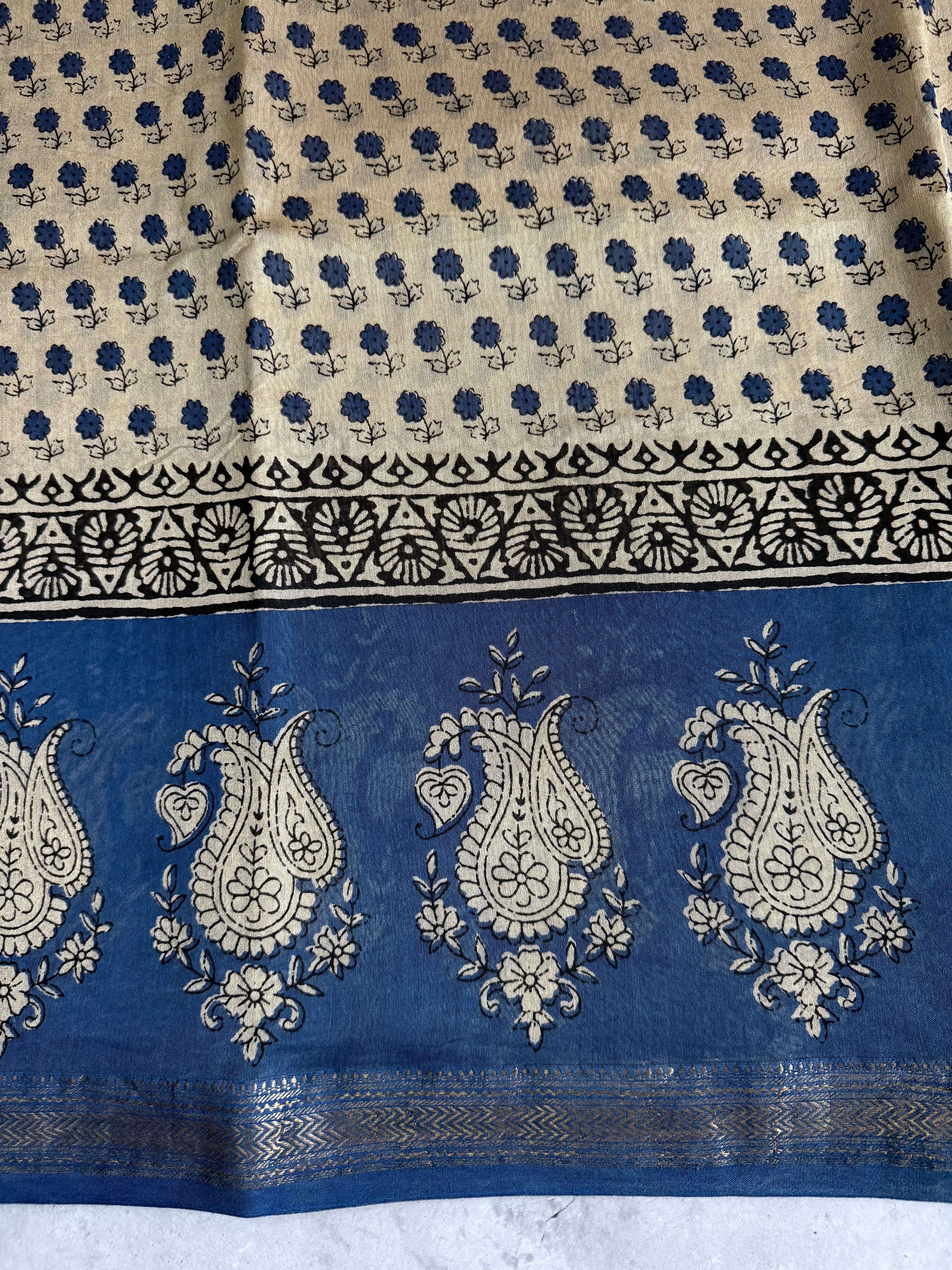 Lepa |Beige and Blue Block Printed Maheshwari Saree