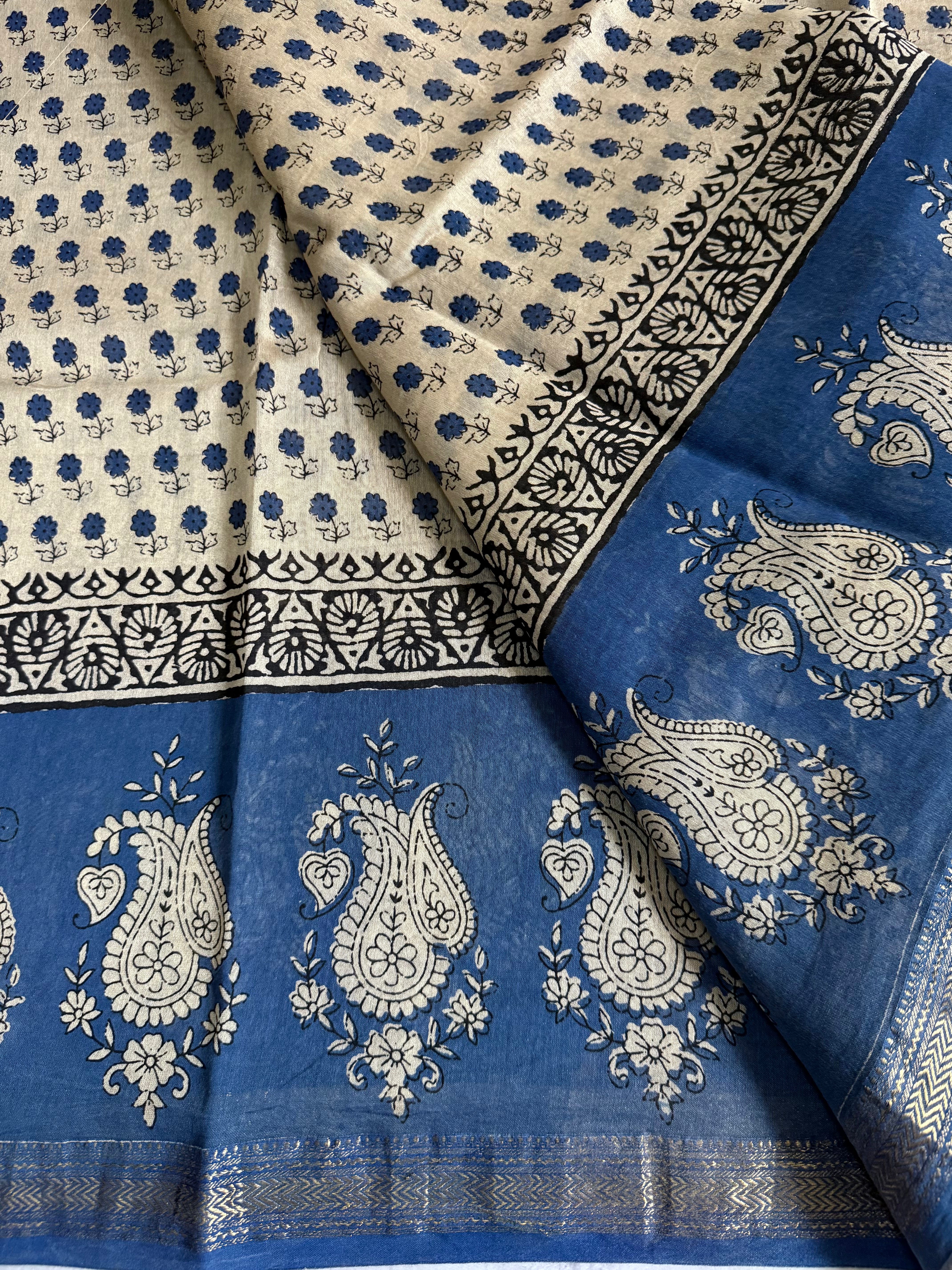 Lepa |Beige and Blue Block Printed Maheshwari Saree