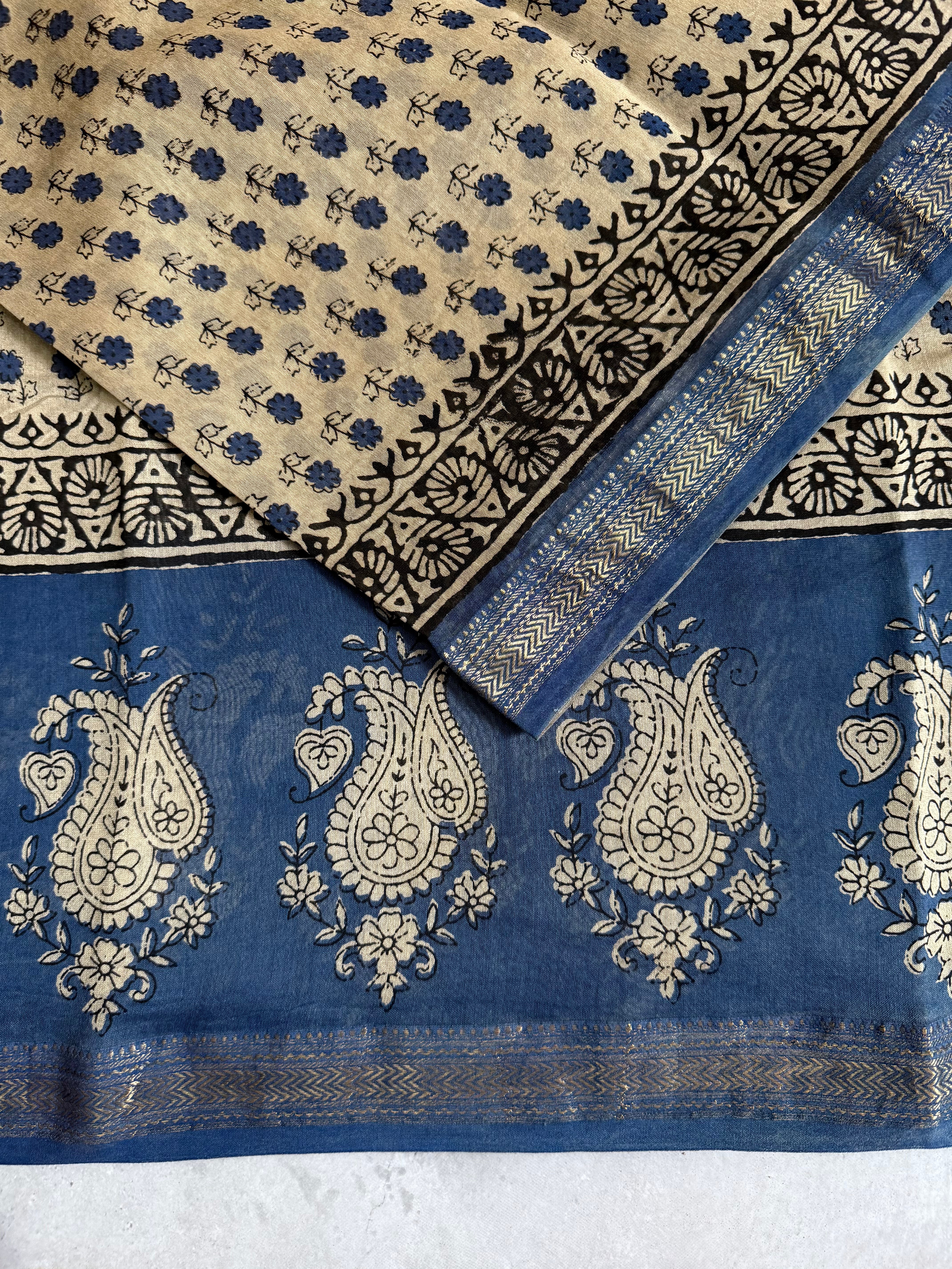 Lepa |Beige and Blue Block Printed Maheshwari Saree