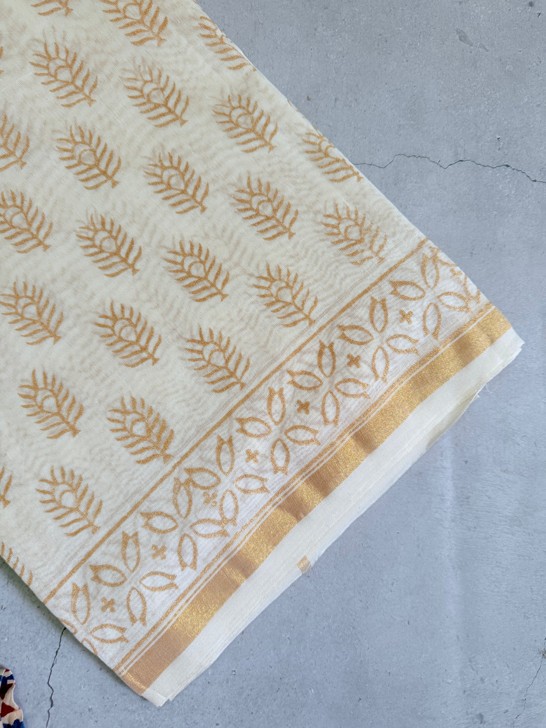 Sobita | White and Gold Floral Block Printed Chanderi Saree