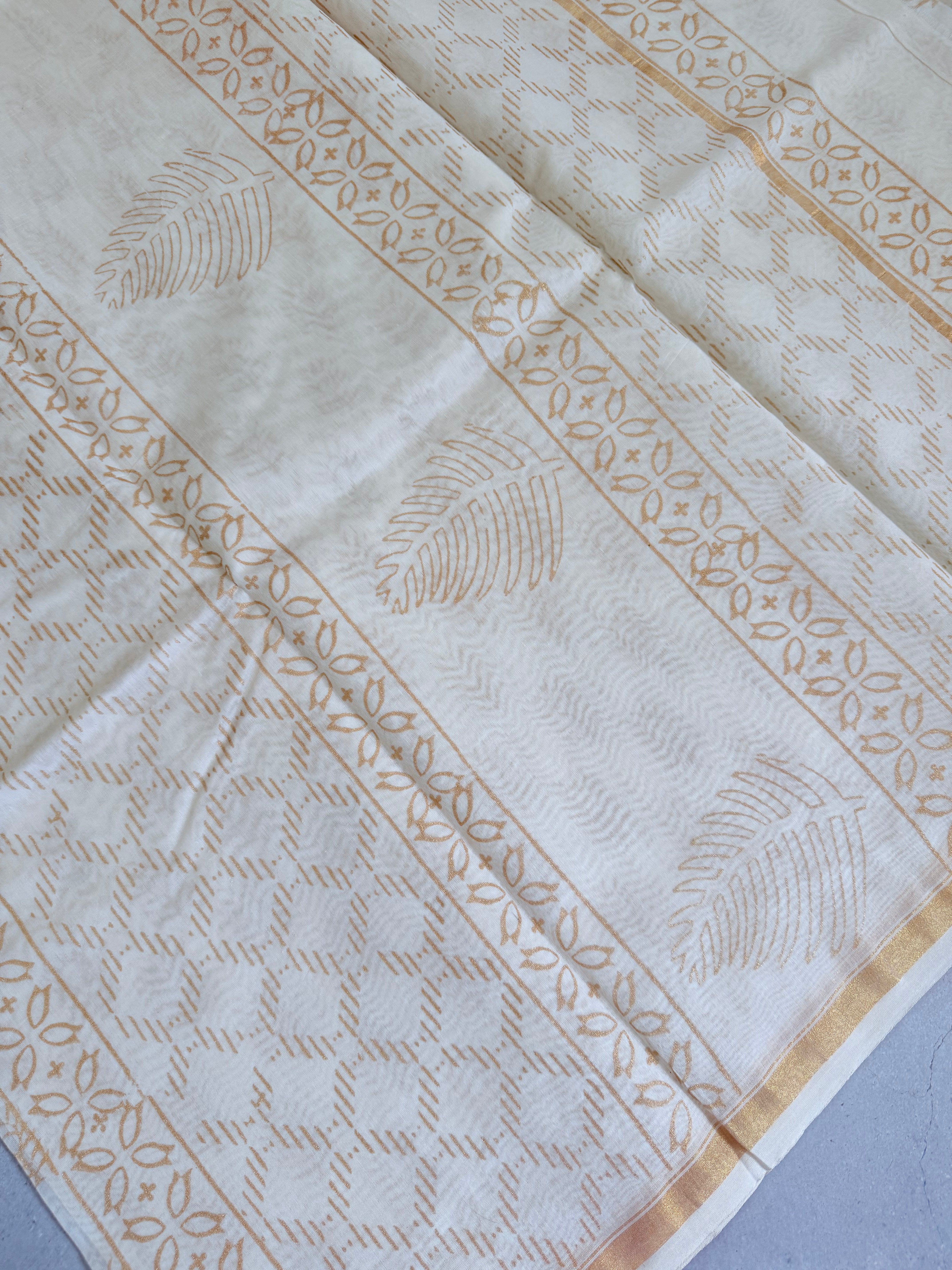 Sobita | White and Gold Floral Block Printed Chanderi Saree