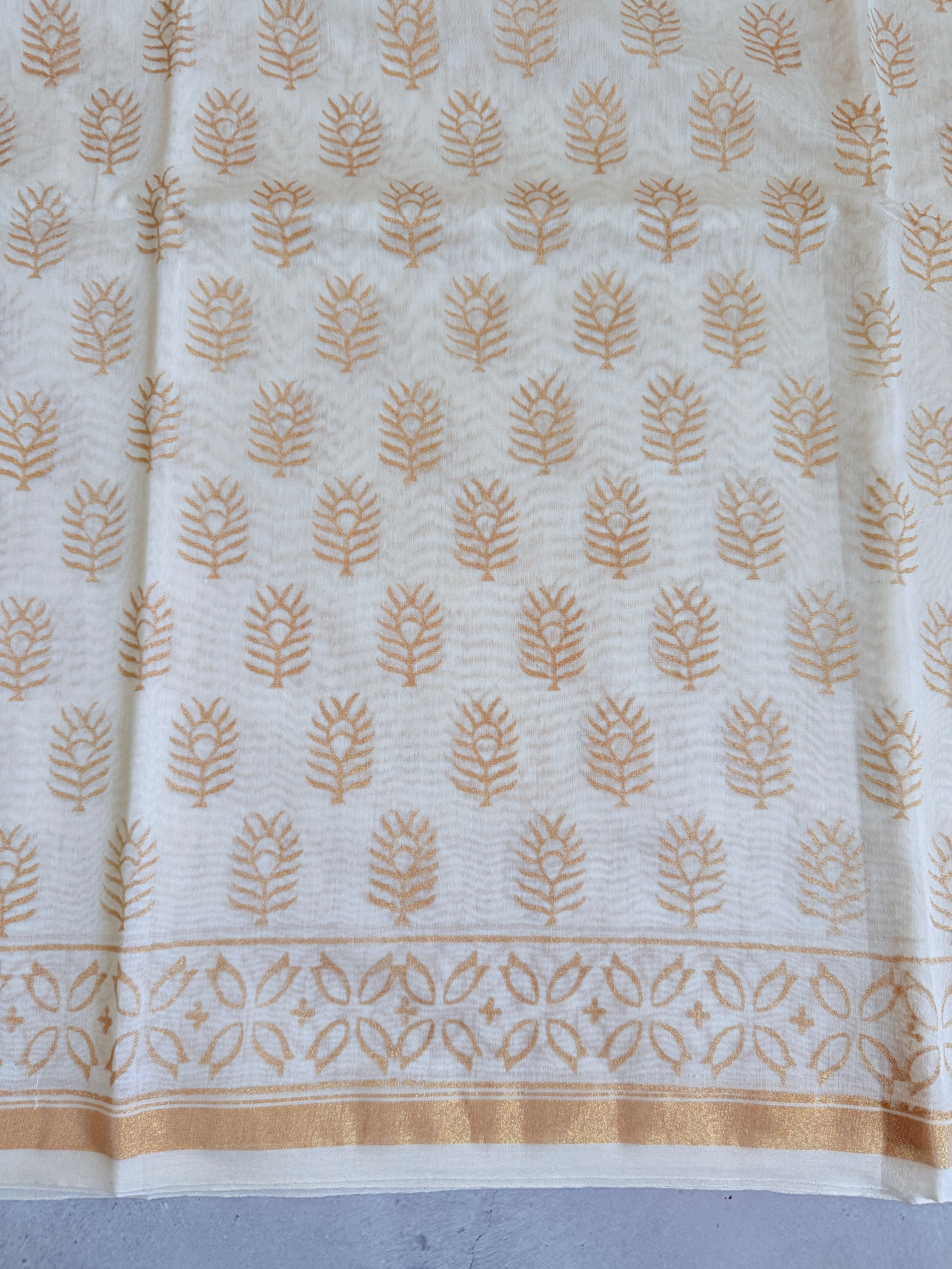 Sobita | White and Gold Floral Block Printed Chanderi Saree