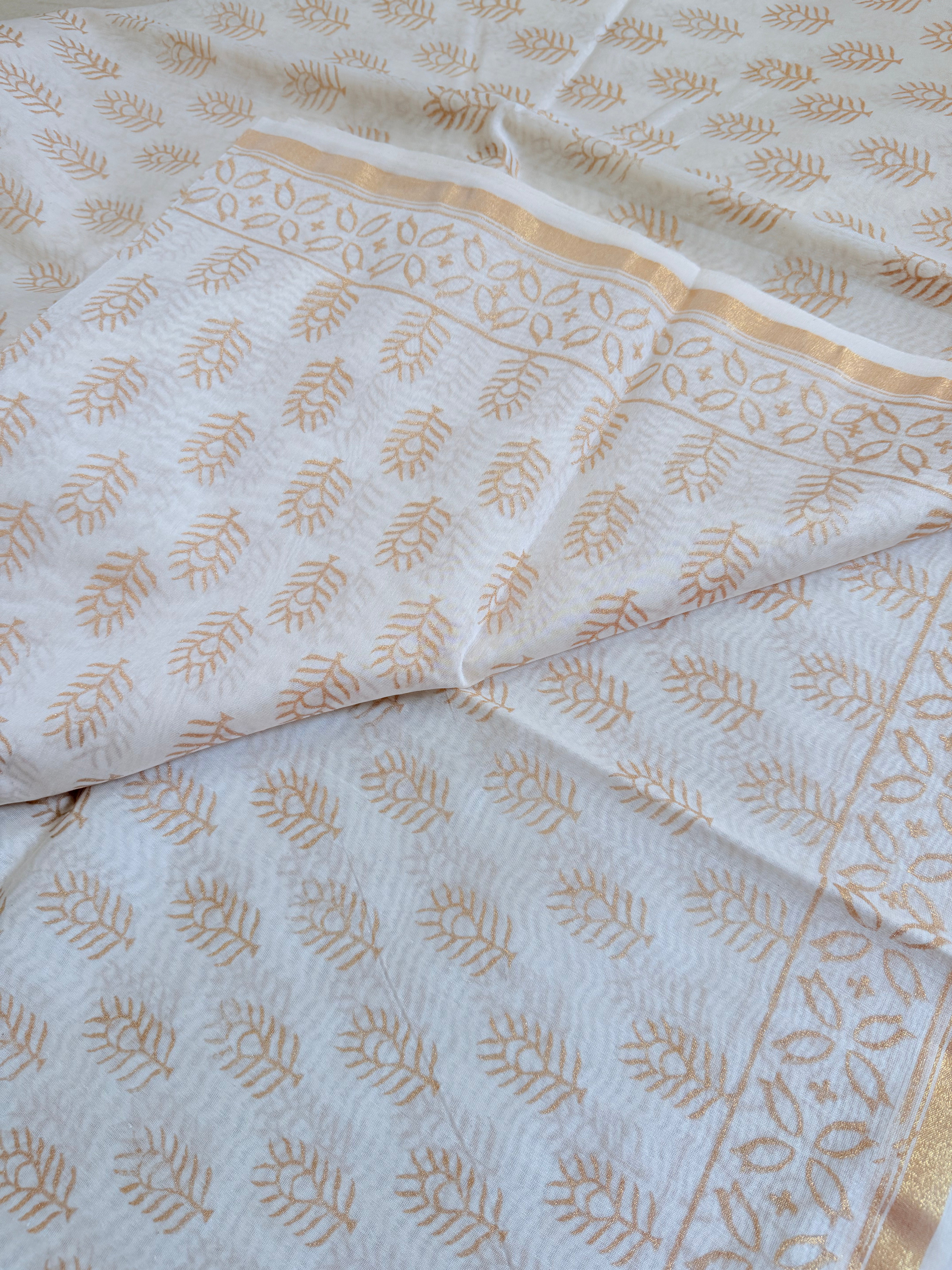 Sobita | White and Gold Floral Block Printed Chanderi Saree