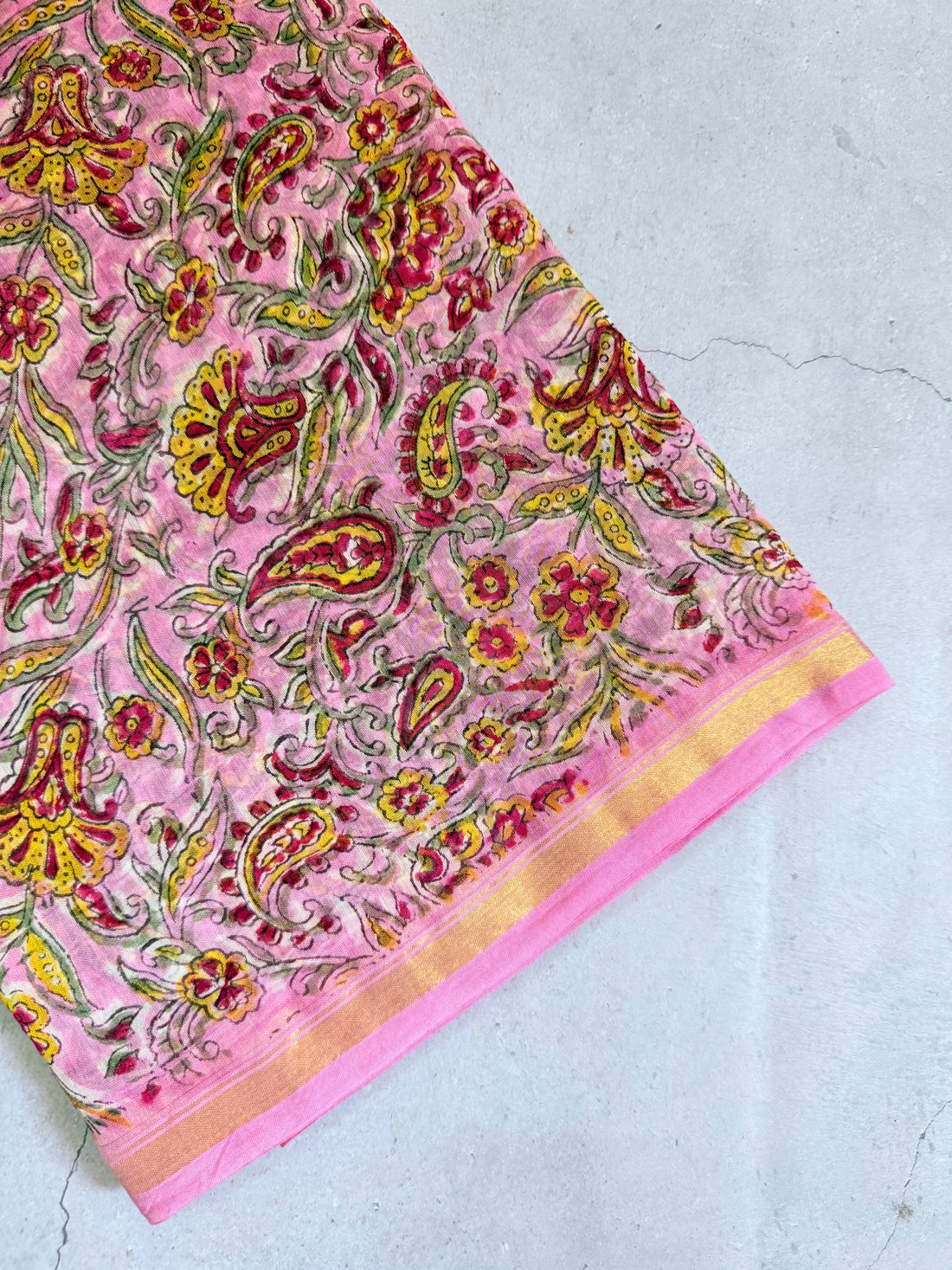 Ravika | Pink and Red Floral Block Printed Chanderi Saree