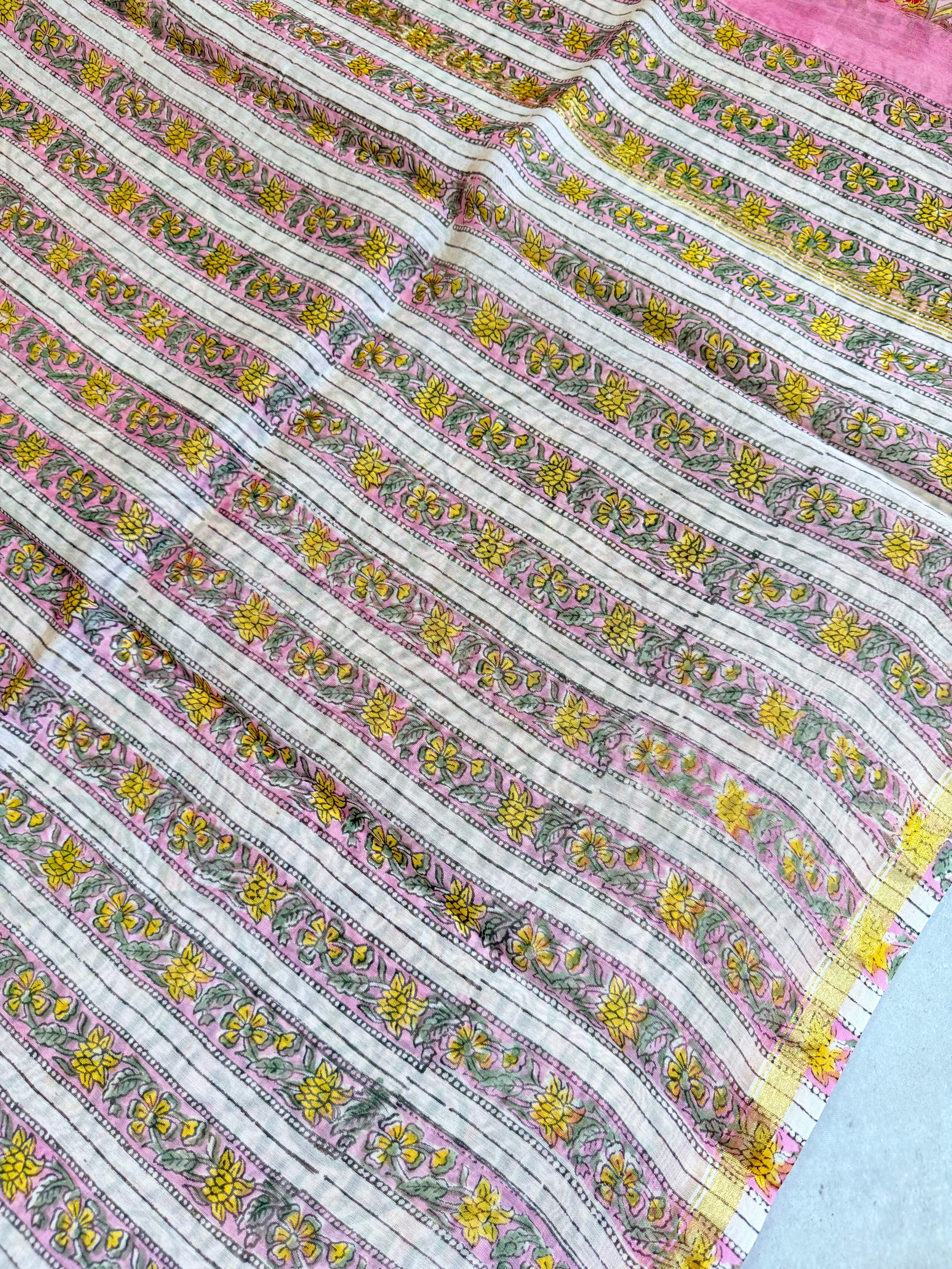 Ravika | Pink and Red Floral Block Printed Chanderi Saree