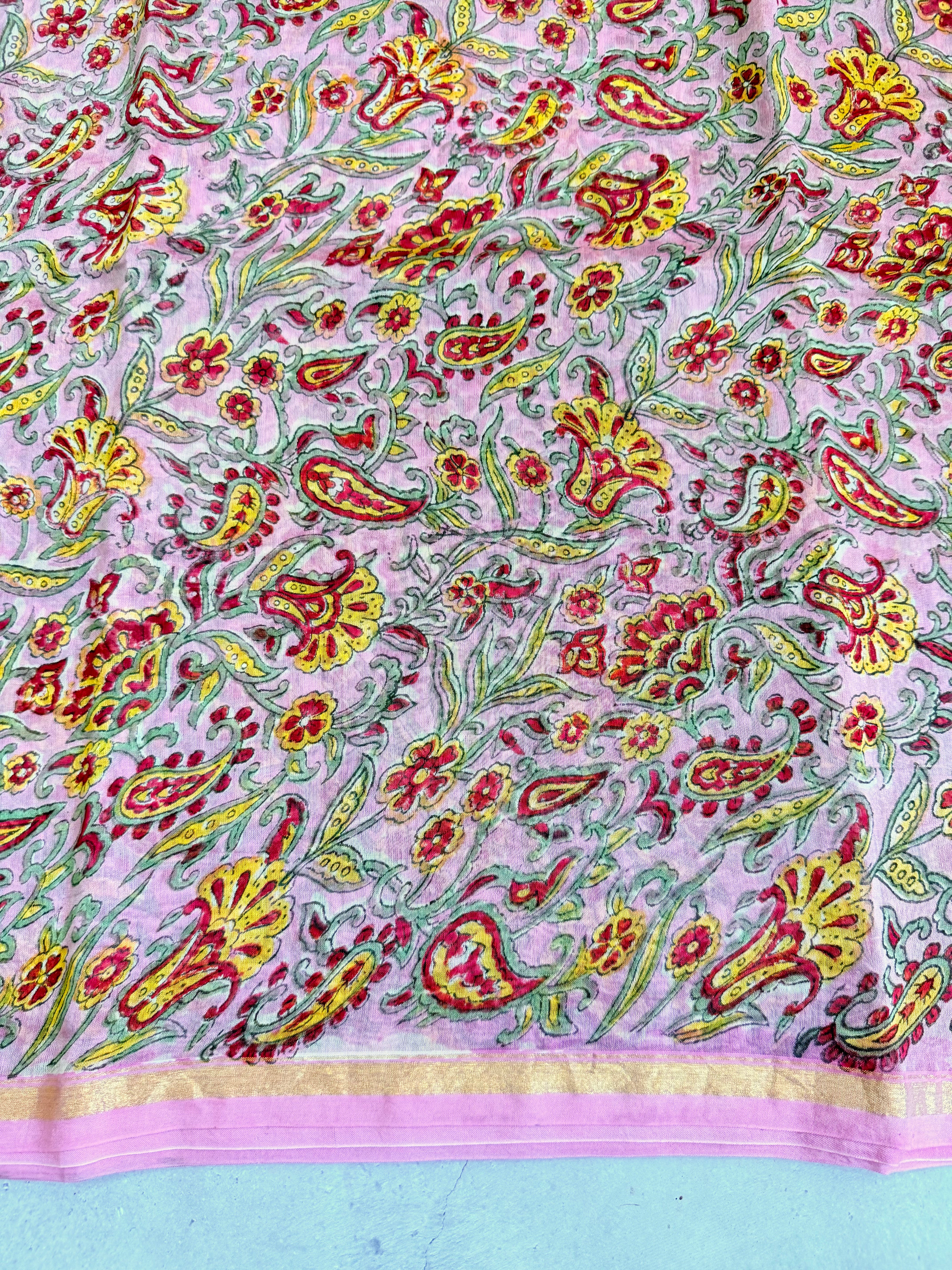 Ravika | Pink and Red Floral Block Printed Chanderi Saree