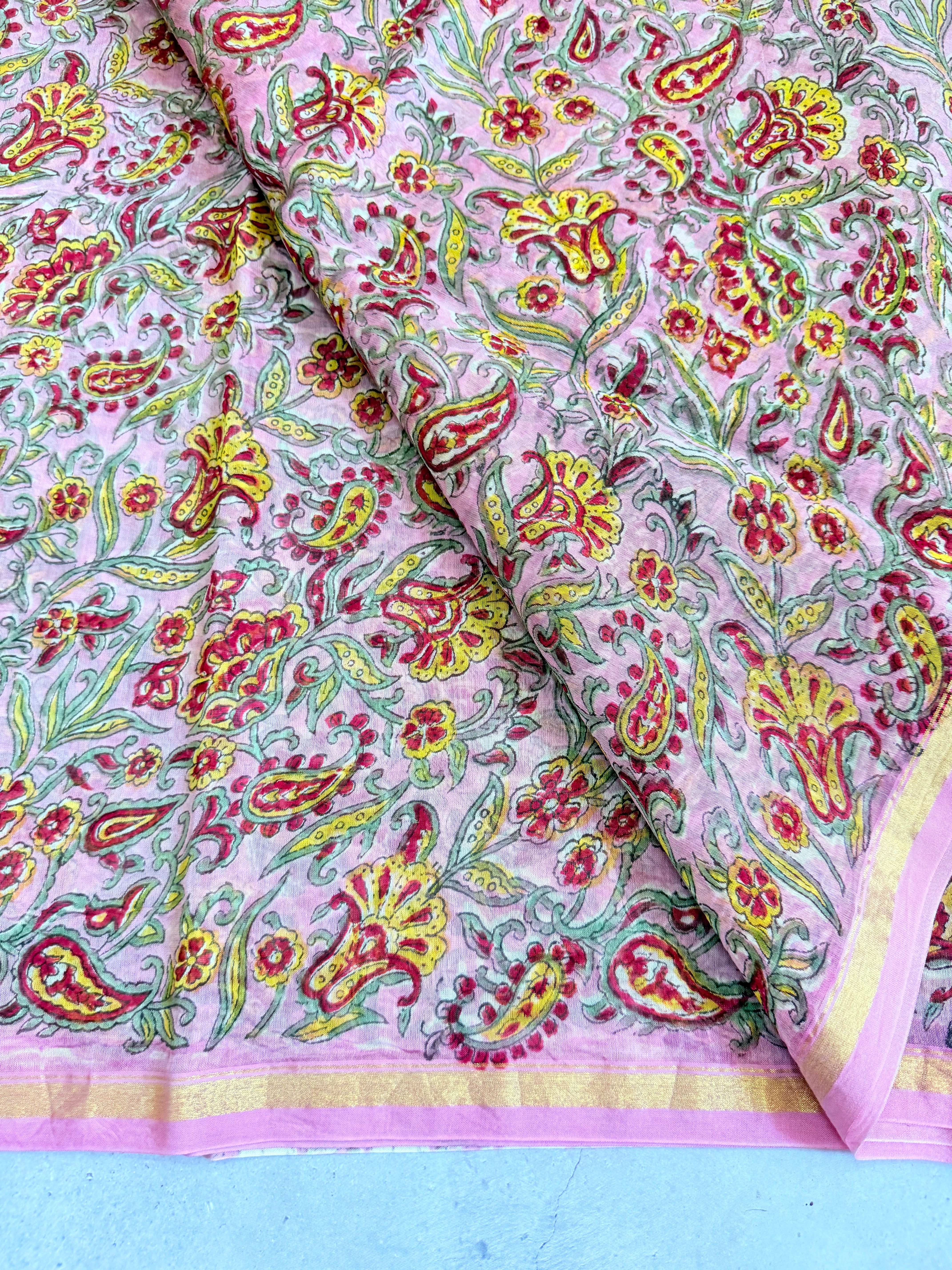 Ravika | Pink and Red Floral Block Printed Chanderi Saree