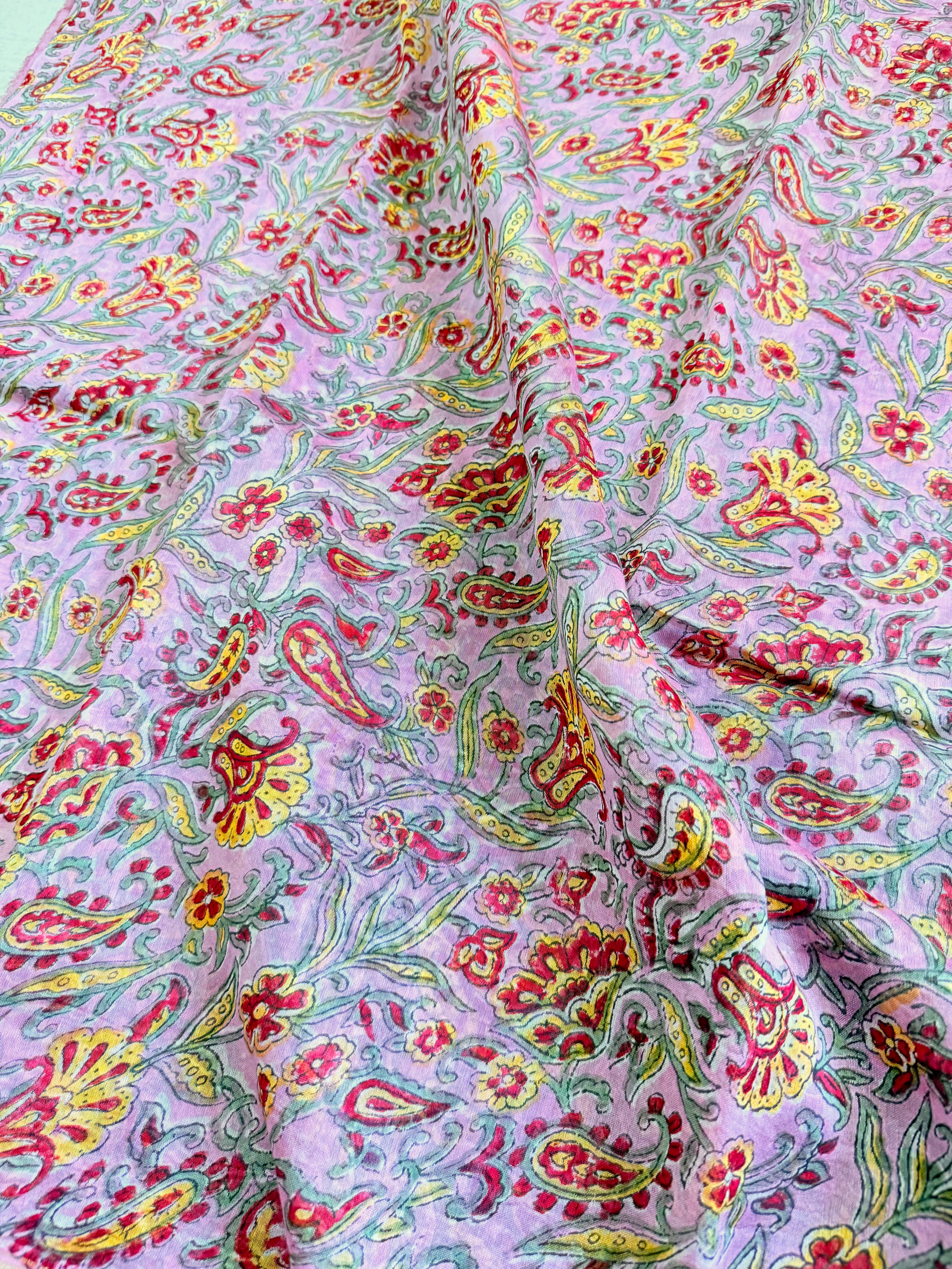 Ravika | Pink and Red Floral Block Printed Chanderi Saree